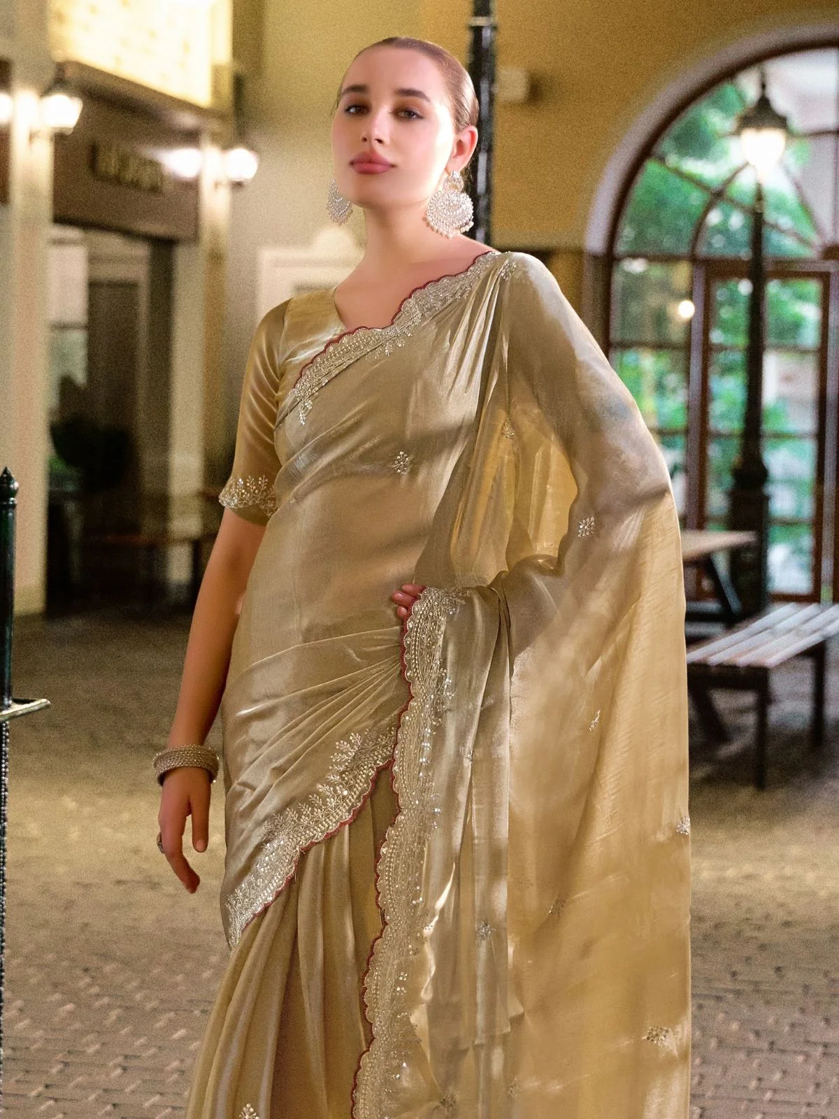 Odette Beige Chiffon Embellished Saree For Women - Image 5