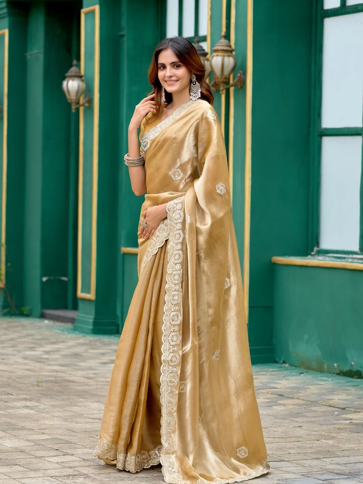 Odette Beige Chiffon Embellished Saree For Women - Image 2