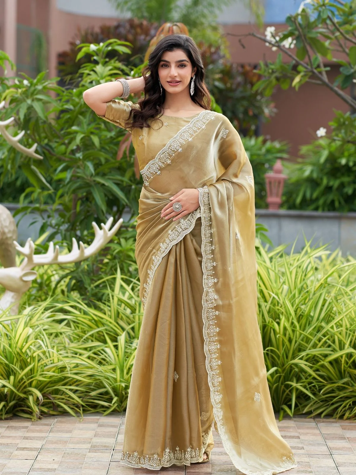 Odette Beige Chiffon Embroidered Saree For Women - Image 3