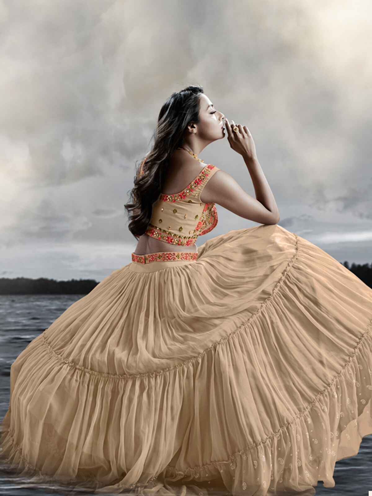 Odette Beige Chinon Art Silk Embellished Semi Stitched Lehenga With Unstitched Blouse For Women - Image 2