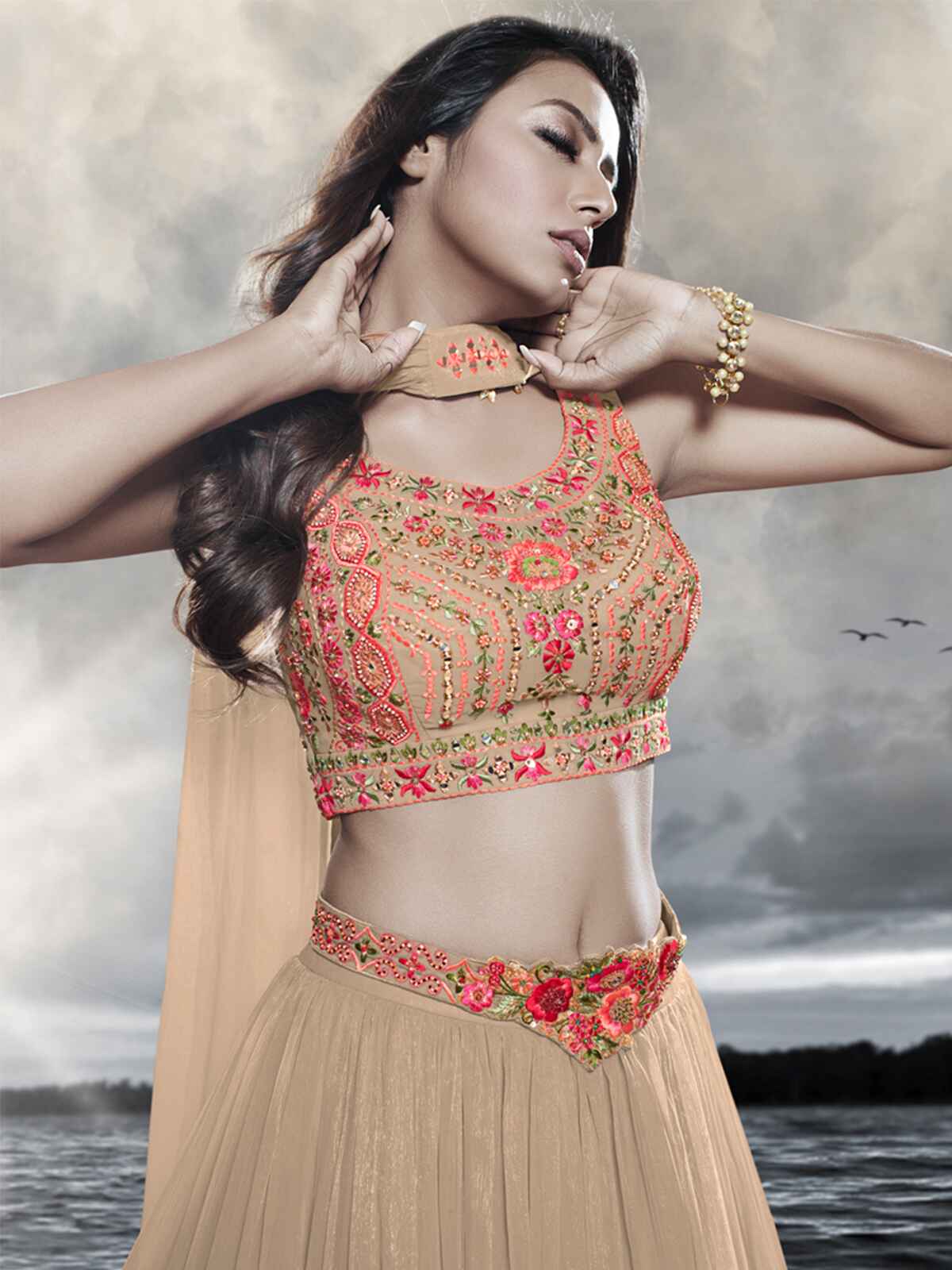 Odette Beige Chinon Art Silk Embellished Semi Stitched Lehenga With Unstitched Blouse For Women - Image 4
