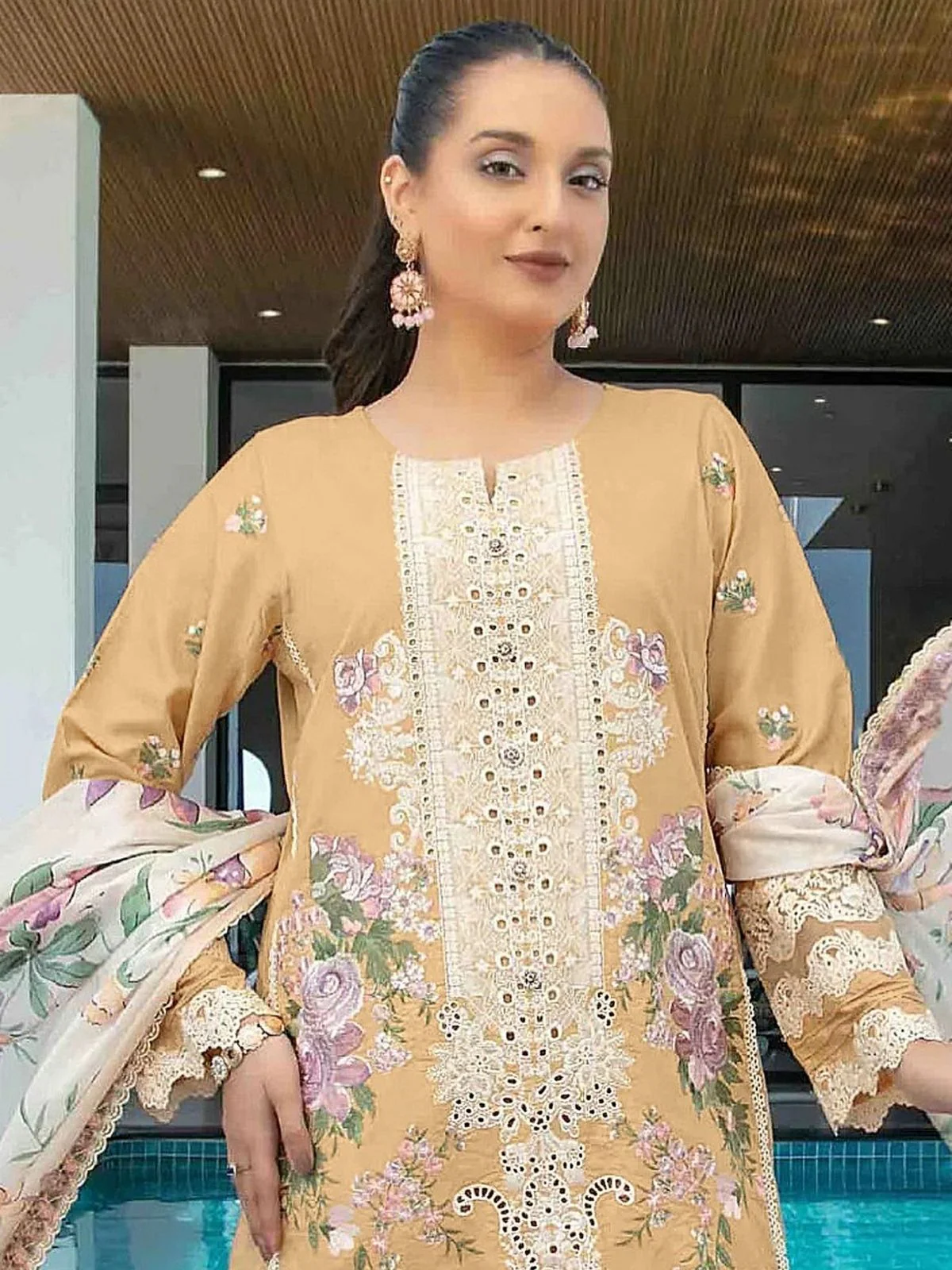 Odette Beige Cotton Blend Embroidered Semi Stitched Kurta Set For Women - Image 2