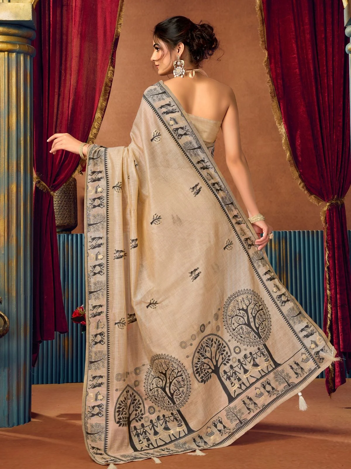Odette Beige Cotton Blend Printed Saree For Women - Image 4