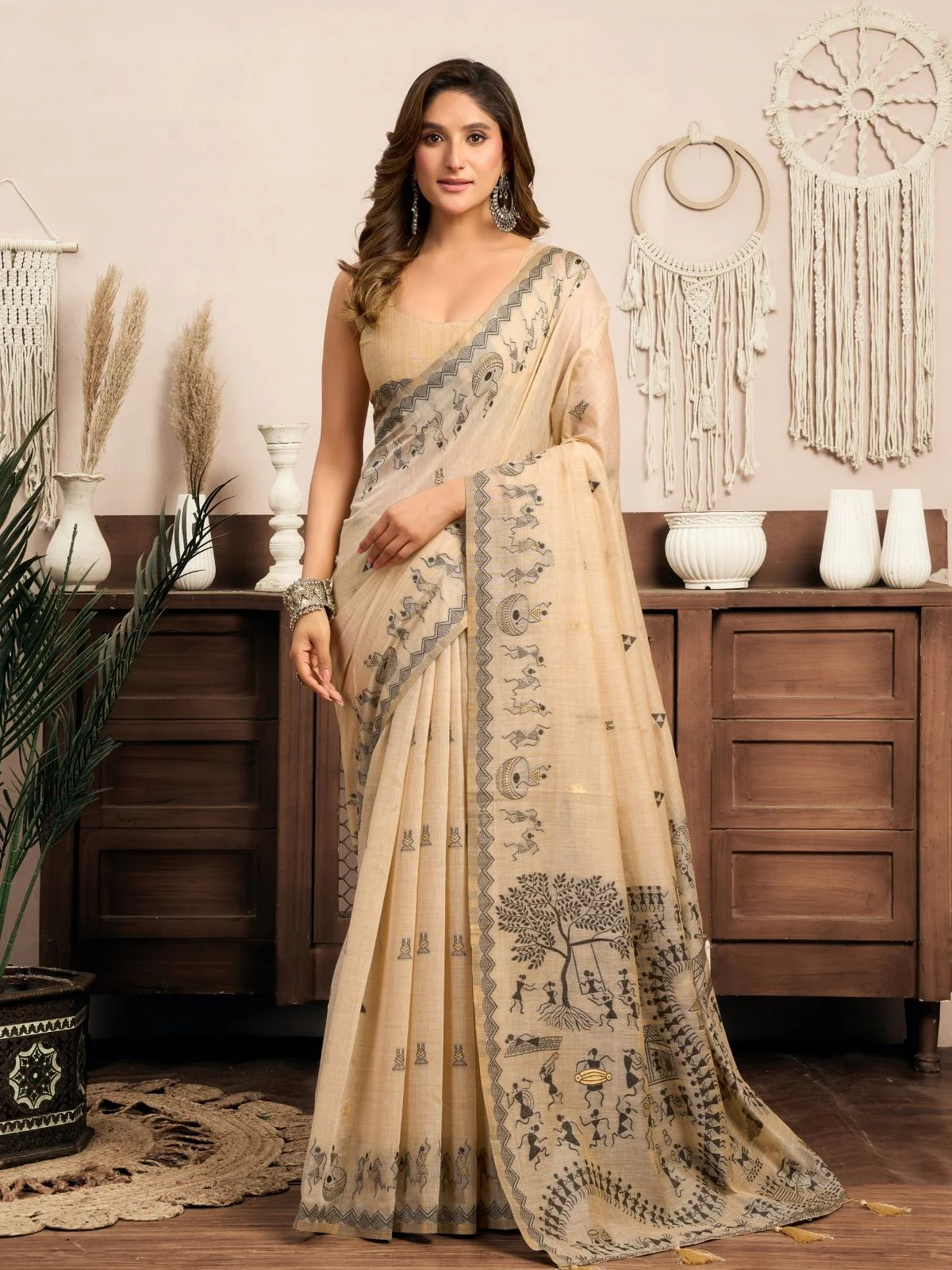 Odette Beige Cotton Blend Printed Saree For Women