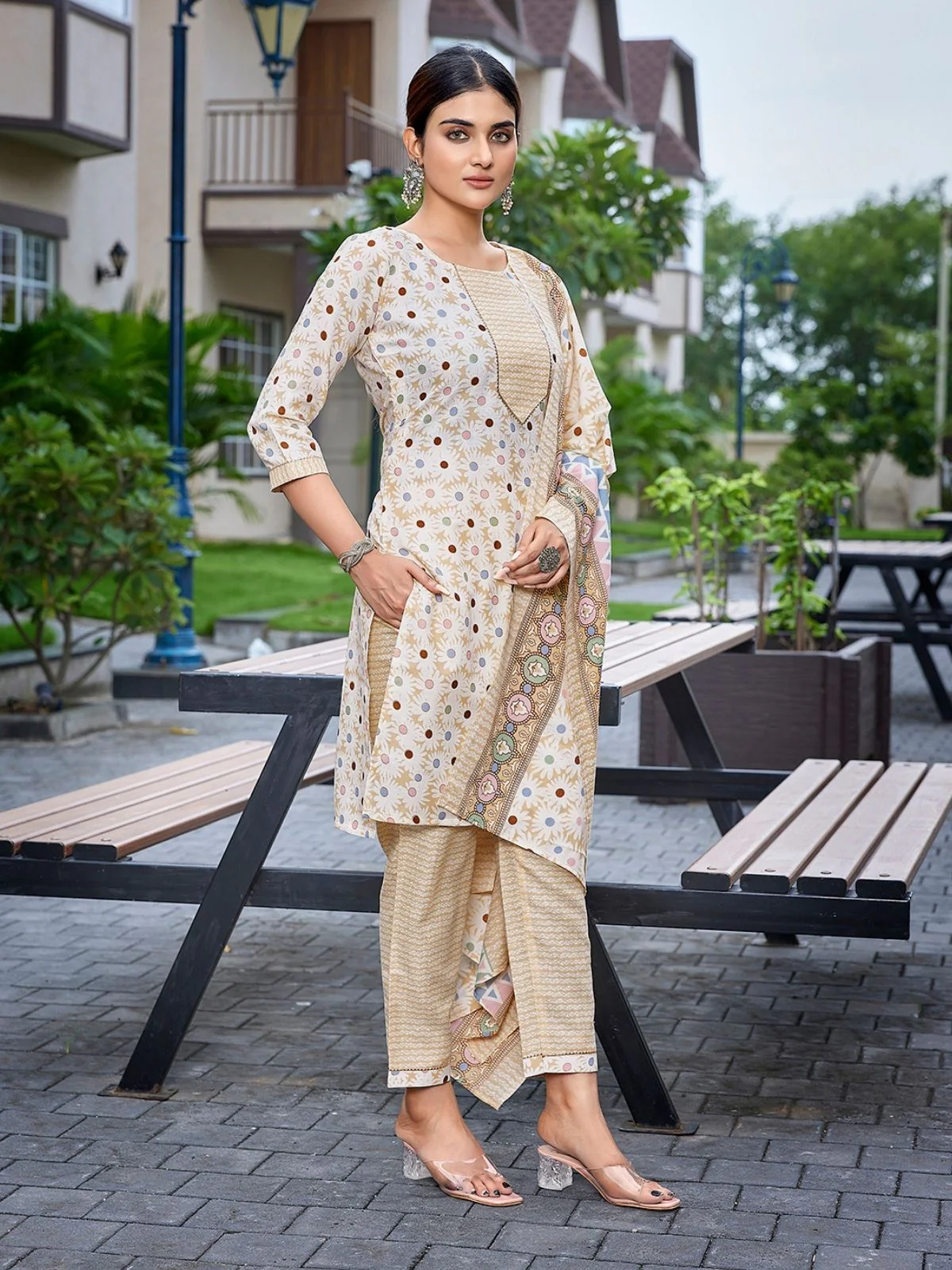 Odette Beige Cotton Blend Printed Stiched Kurta Set For Women - Image 2