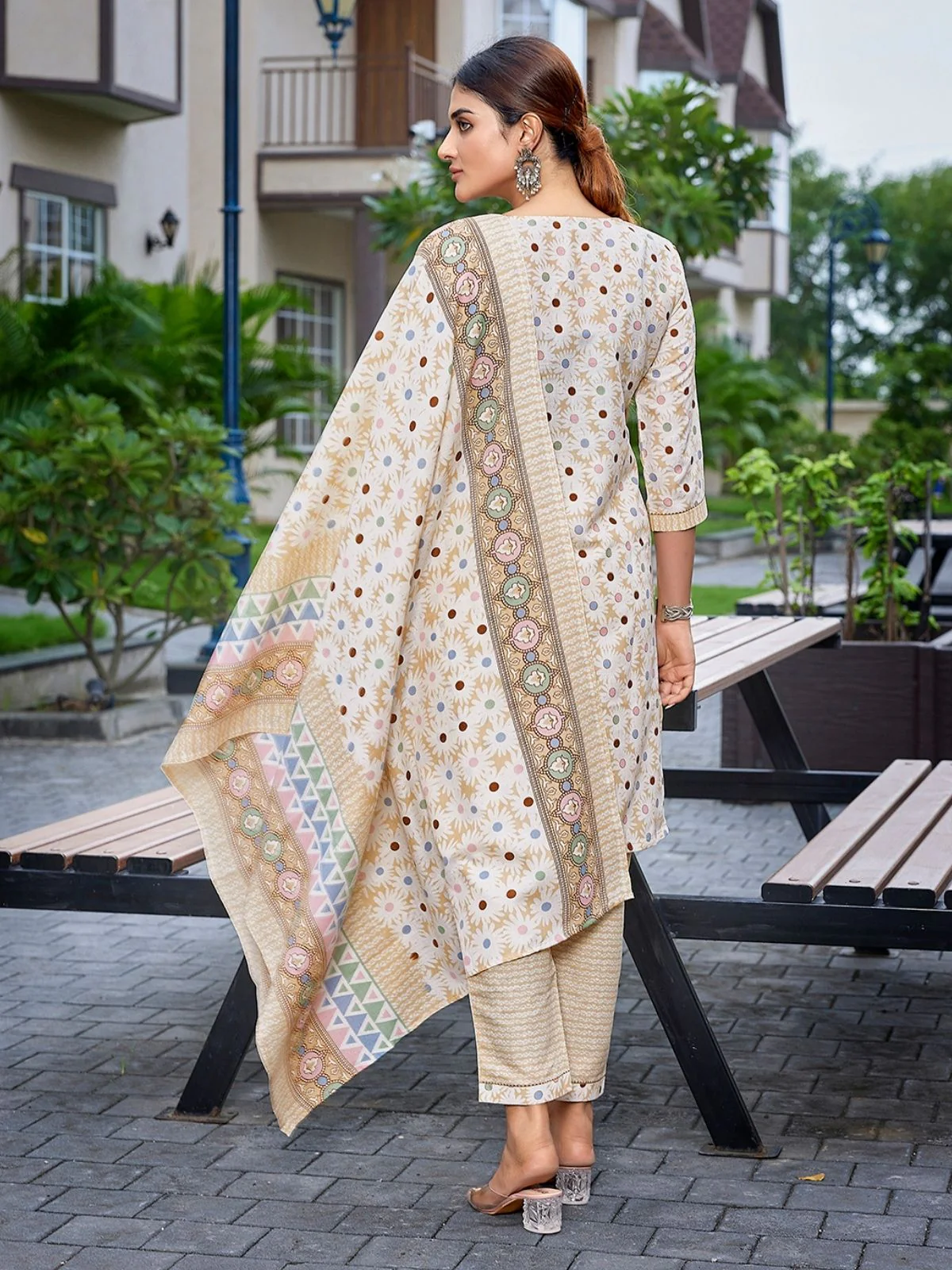 Odette Beige Cotton Blend Printed Stiched Kurta Set For Women - Image 3