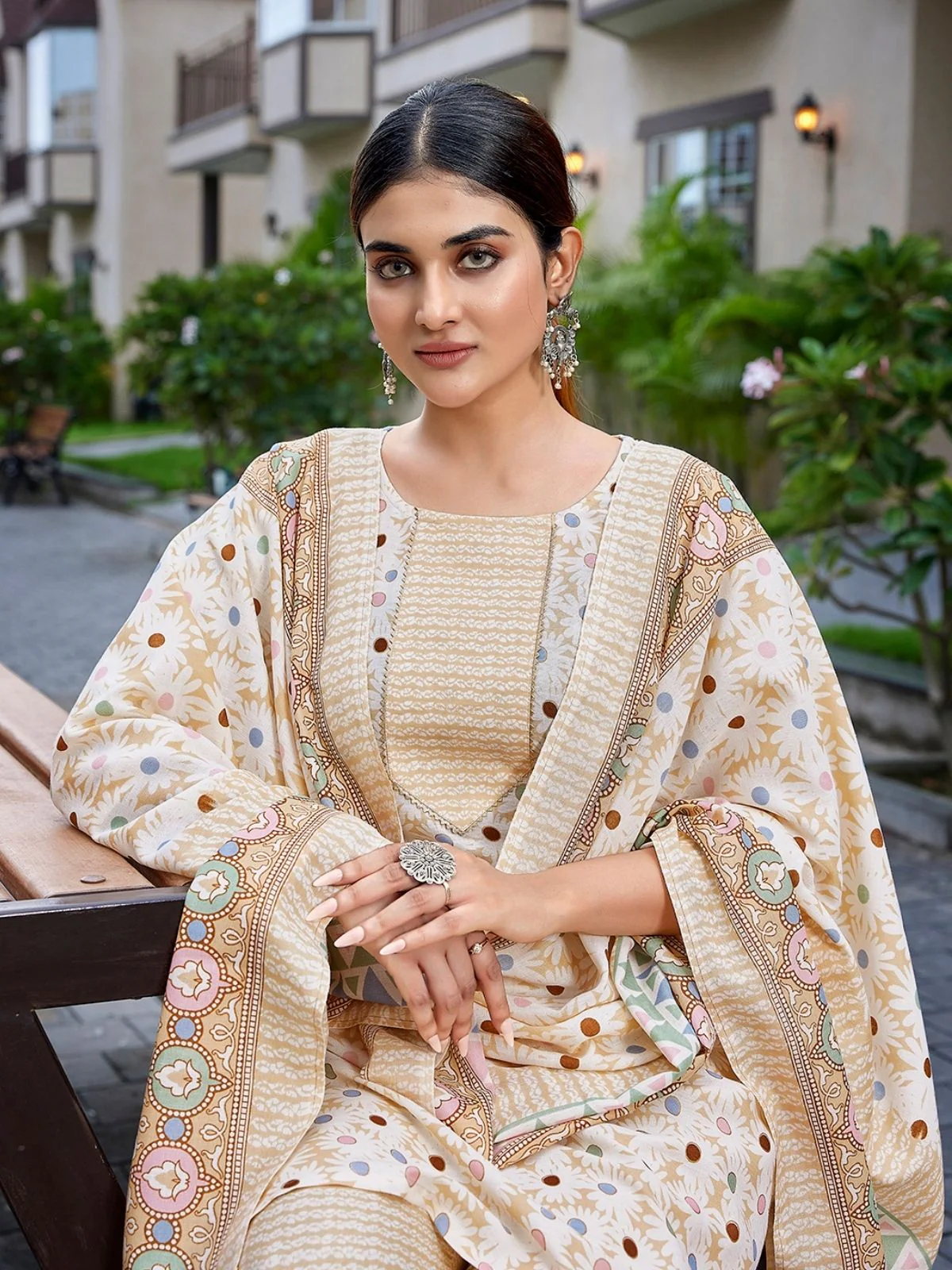 Odette Beige Cotton Blend Printed Stiched Kurta Set For Women - Image 4