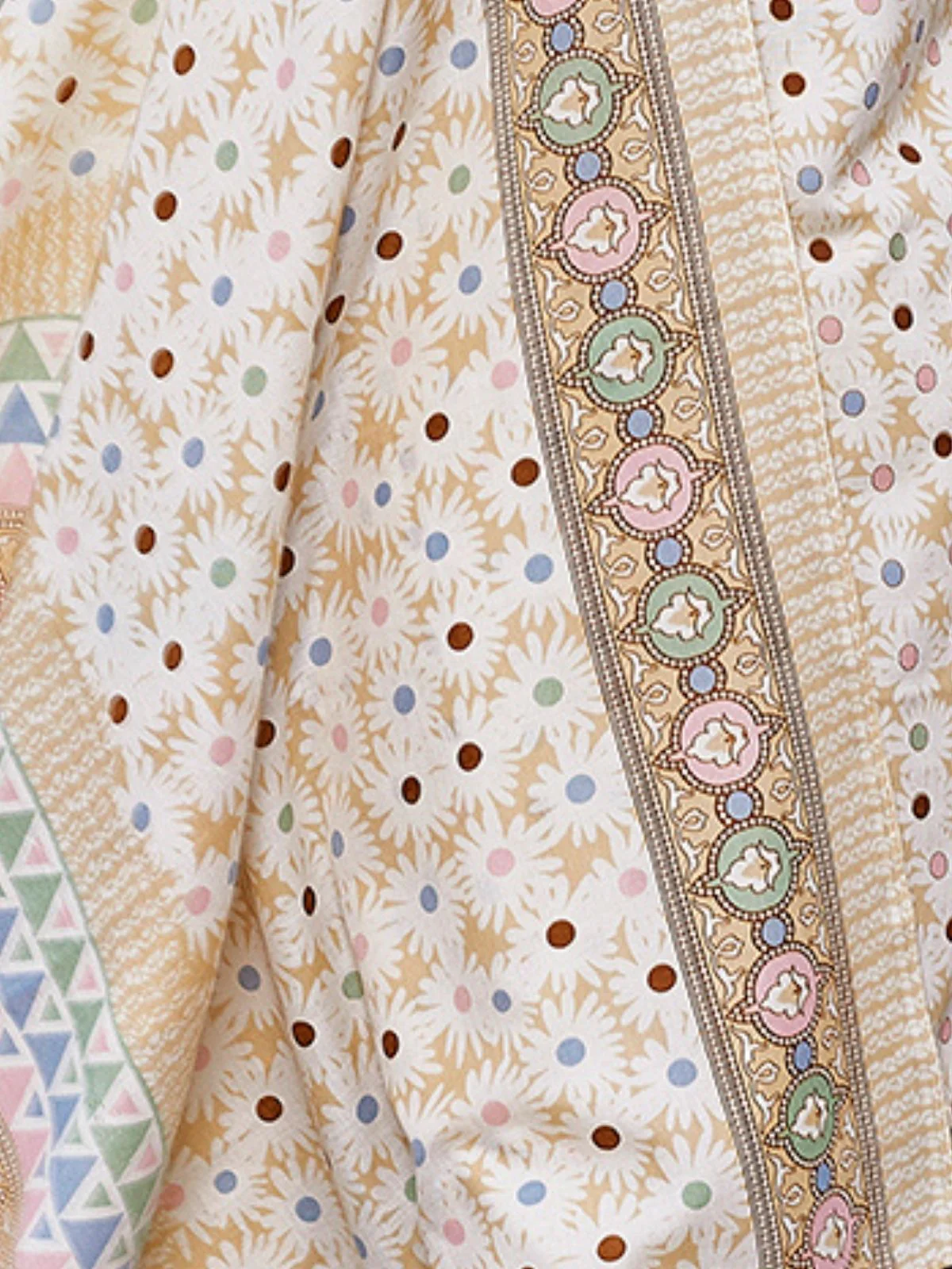 Odette Beige Cotton Blend Printed Stiched Kurta Set For Women - Image 5