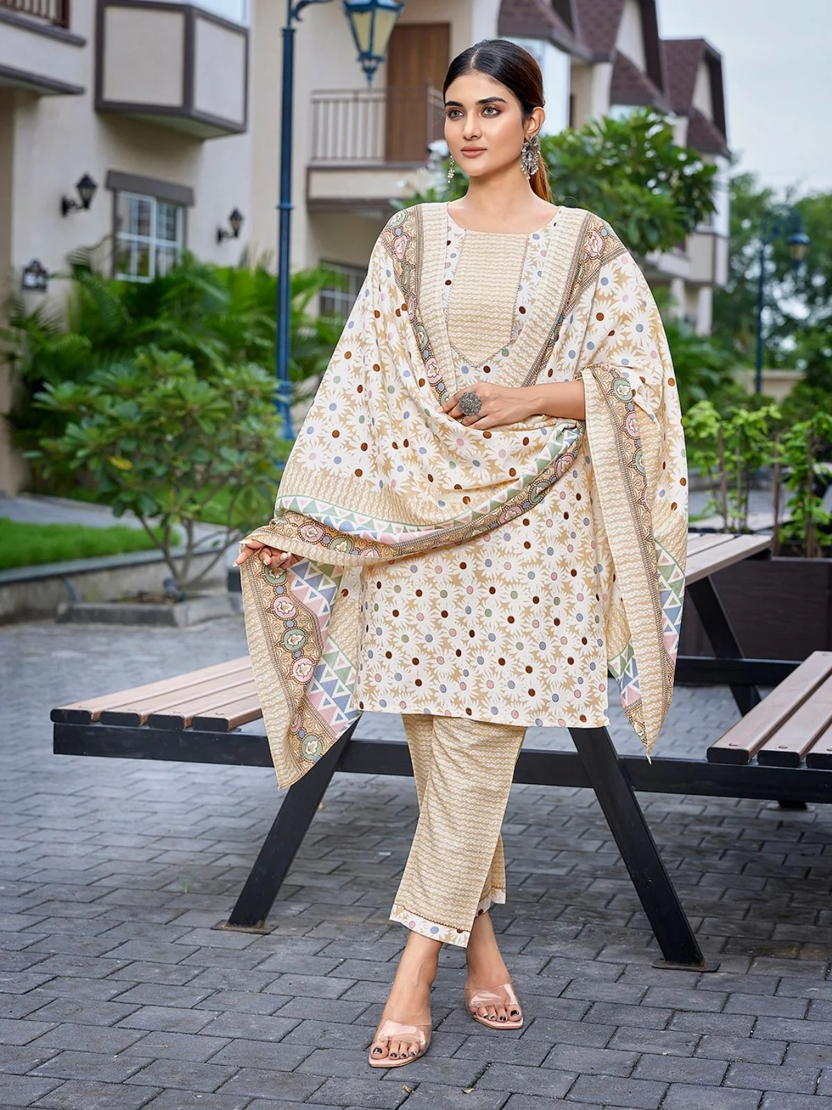 Odette Beige Cotton Blend Printed Stiched Kurta Set For Women - Image 6