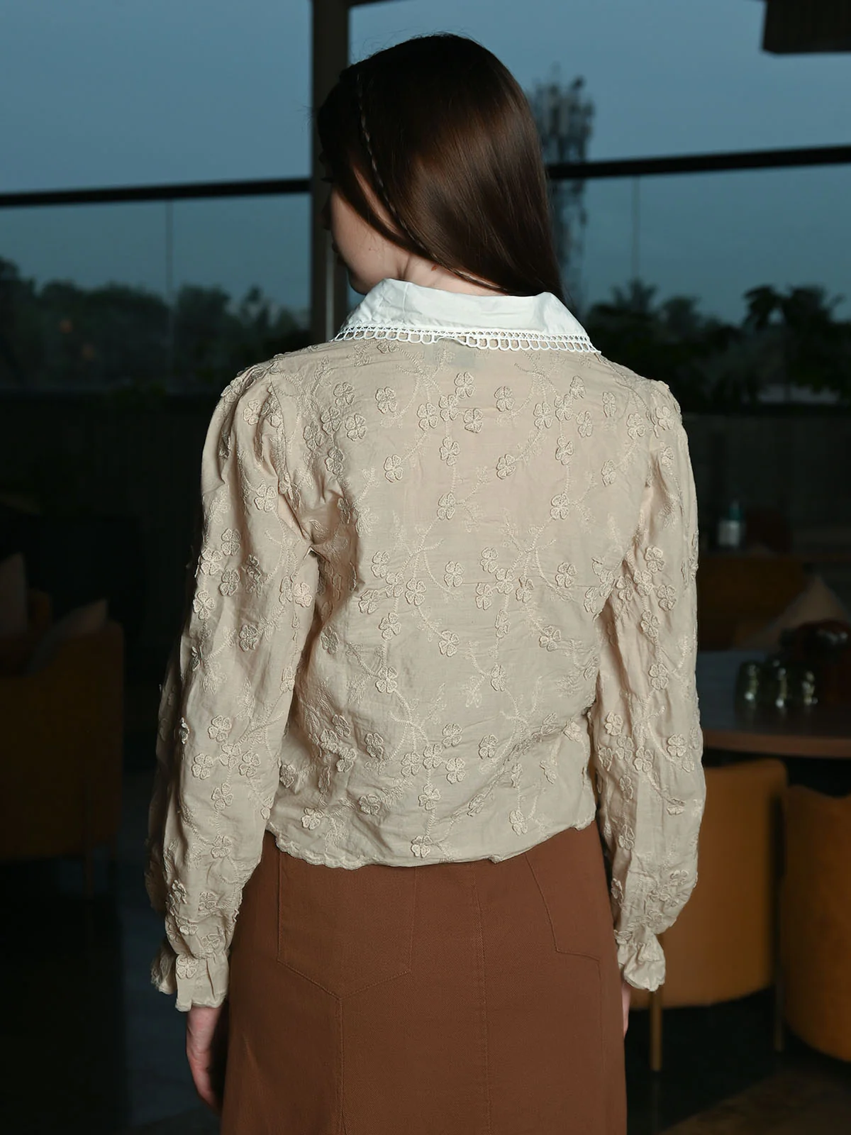 Odette Beige Cotton Blend Solid Top For Women - Image 3