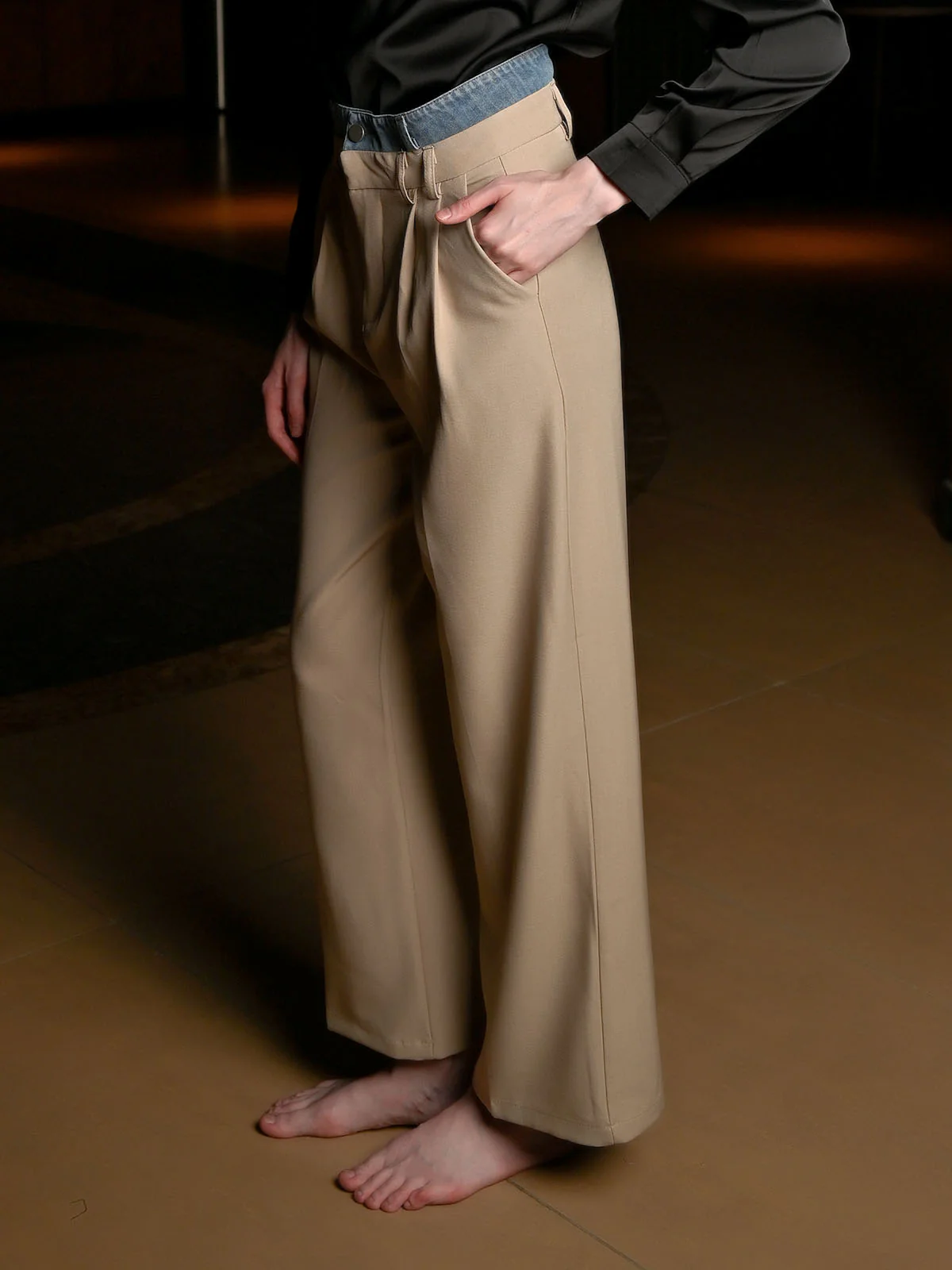 Odette Beige Cotton Blend Solid Trouser For Women - Image 4