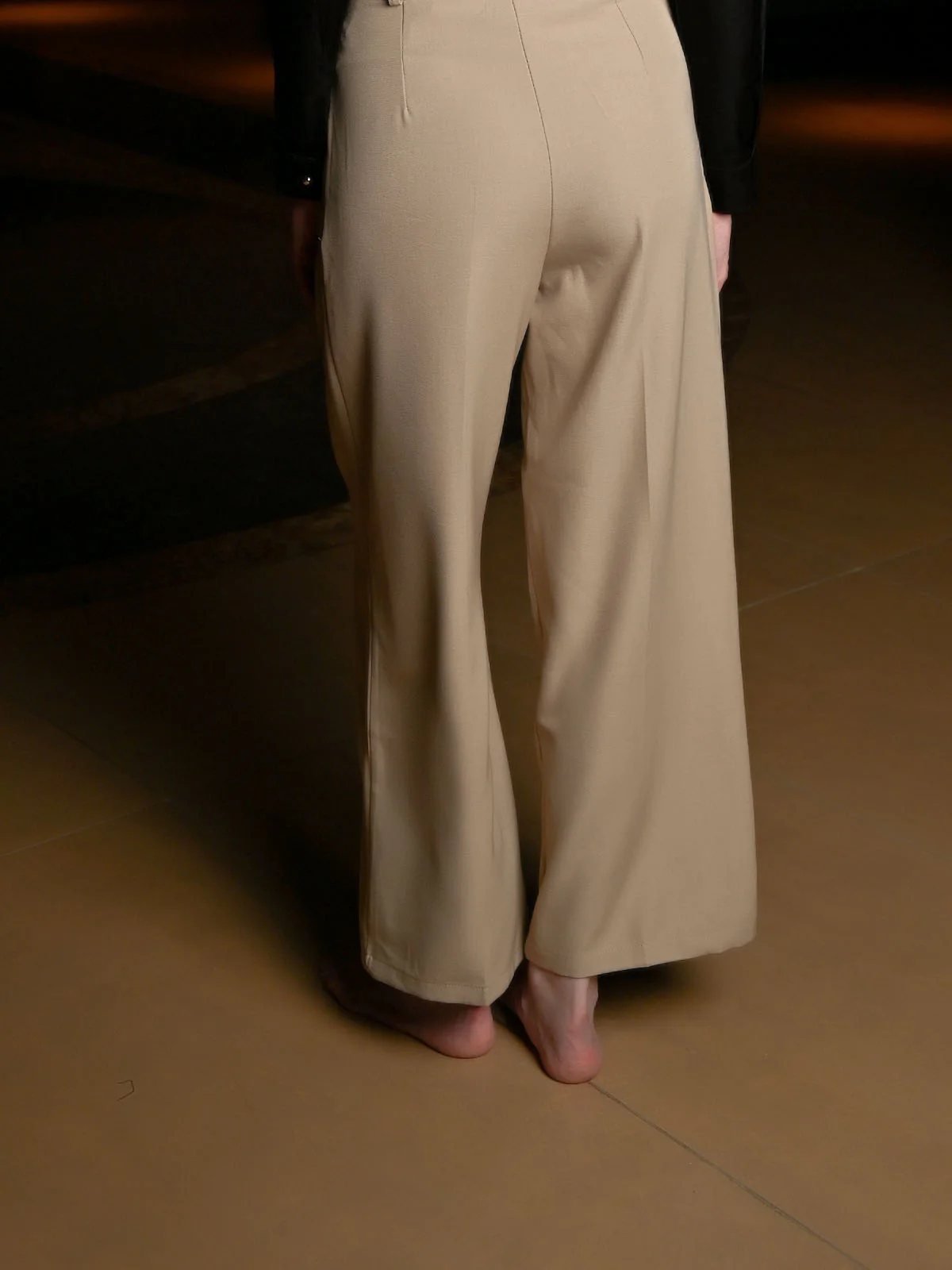 Odette Beige Cotton Blend Solid Trouser For Women - Image 5