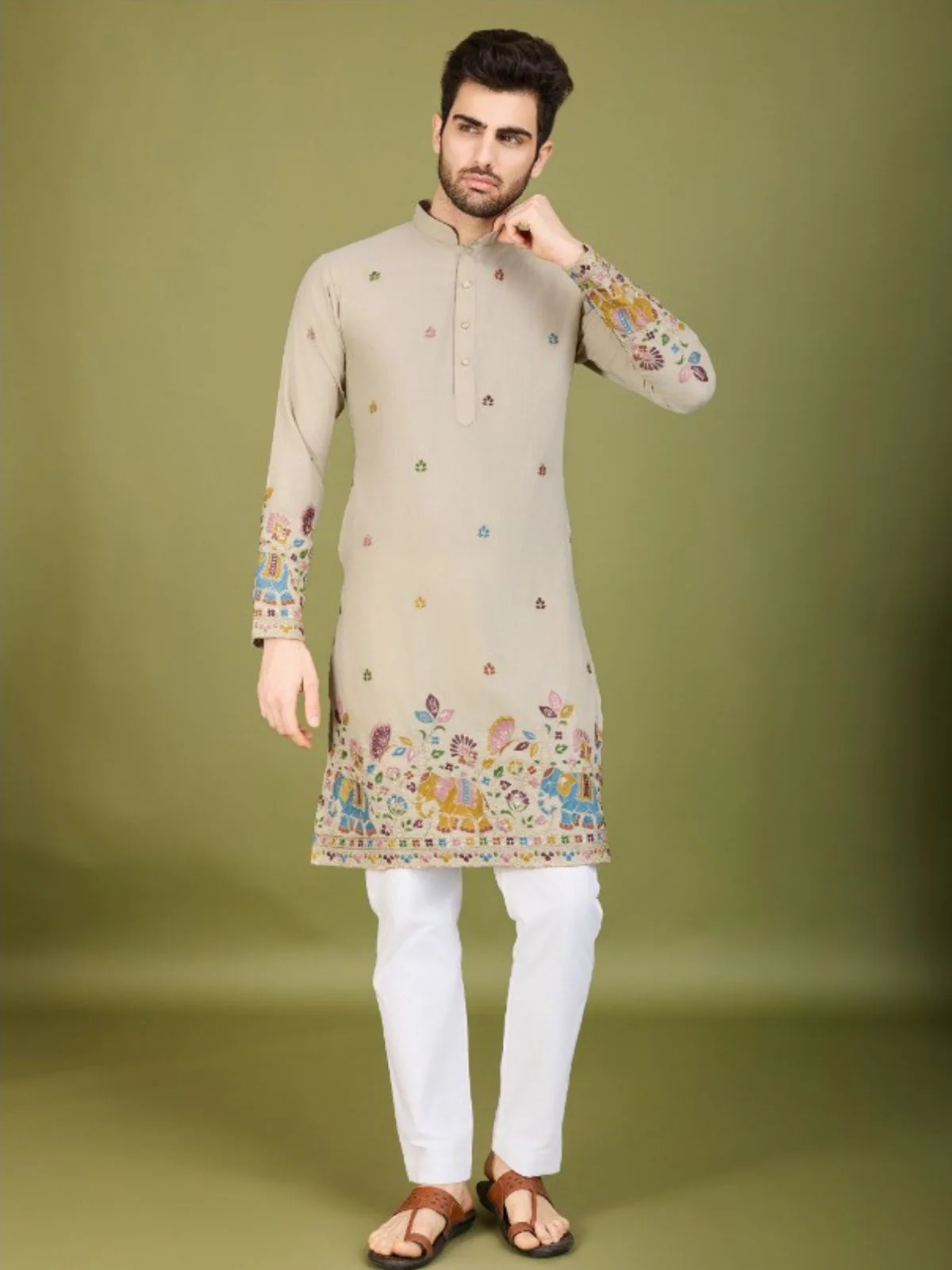 Odette Beige Cotton Embroidered Stitched Kurta For Men - Image 2