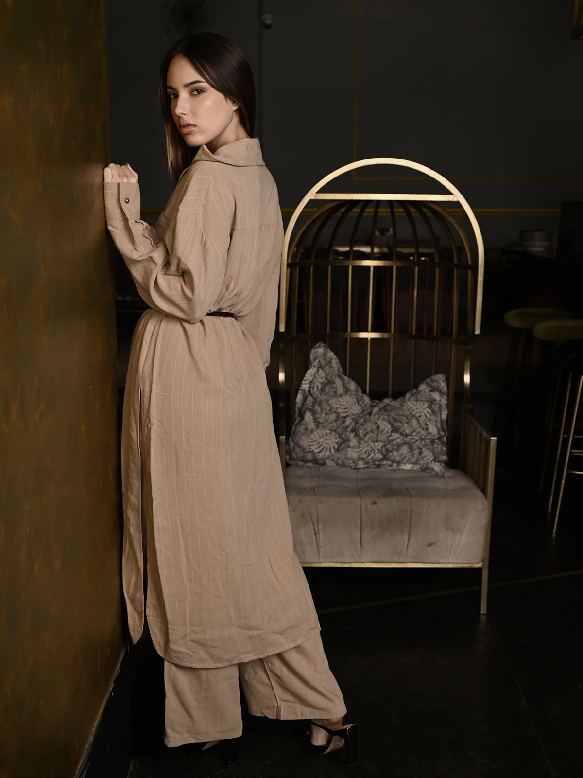 Odette Beige Cotton Linen Solid Co-Ord Set For Women - Image 3