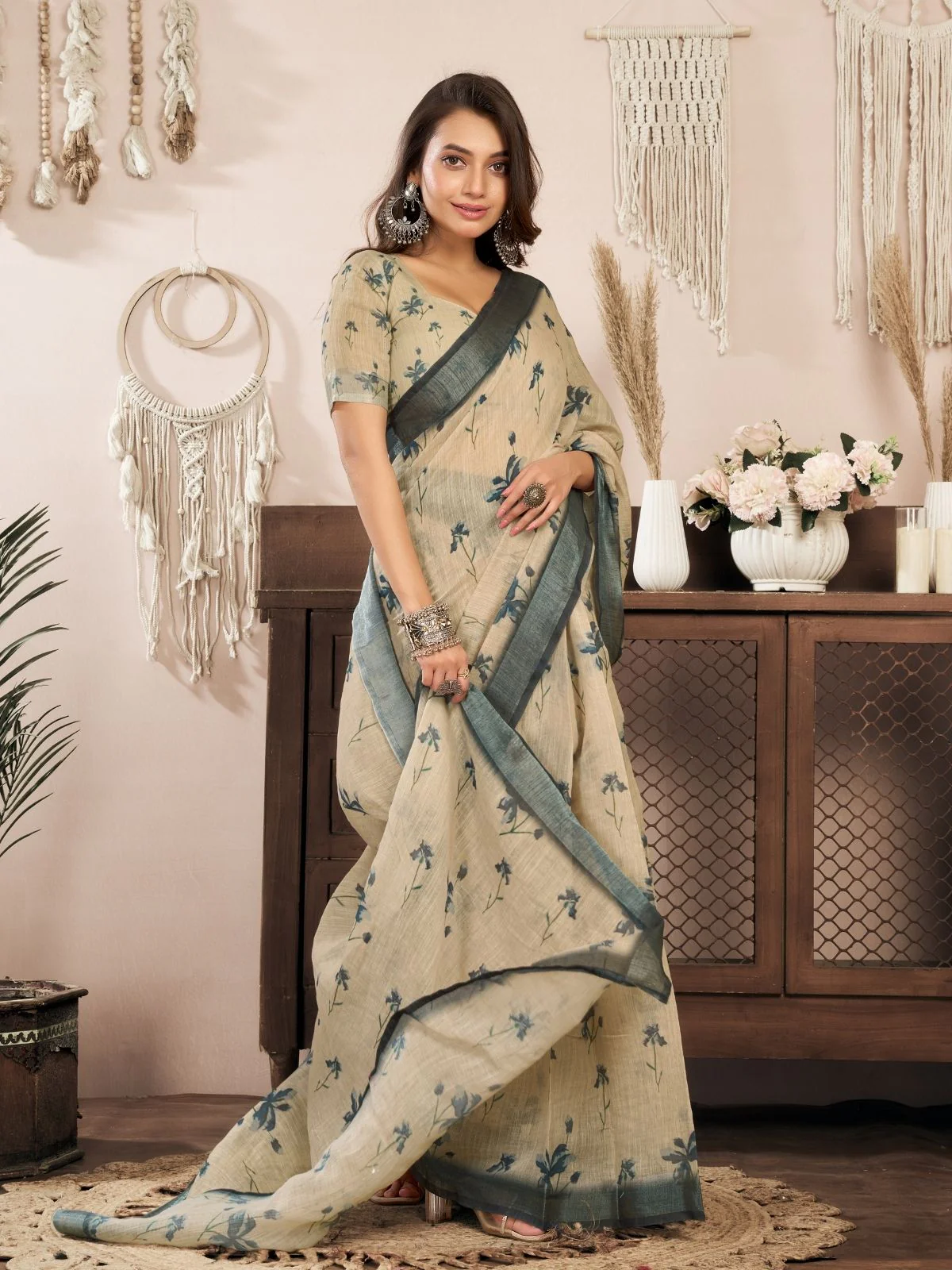 Odette Beige Cotton Linen Zari Work Saree For Women - Image 3