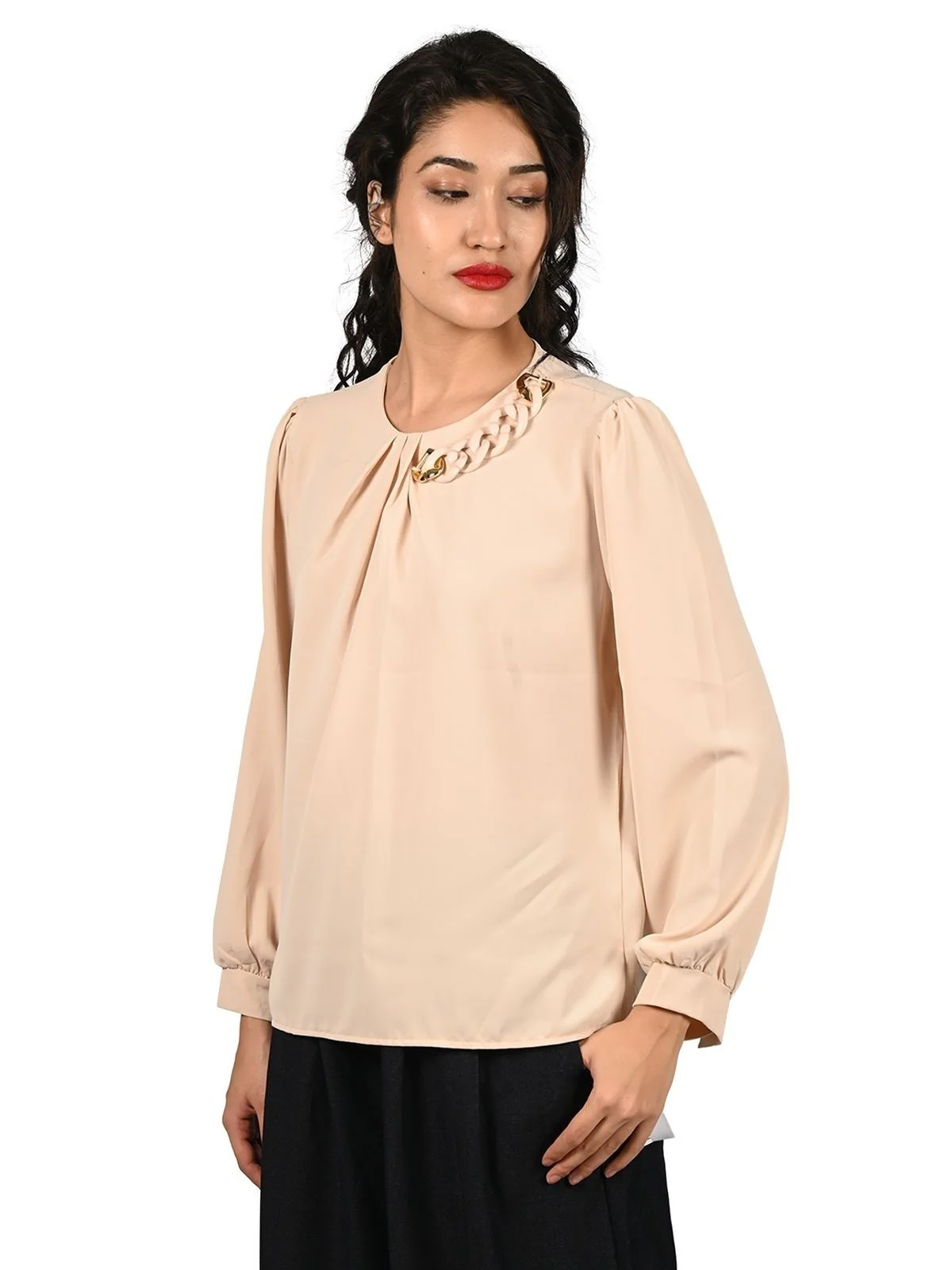 Odette Beige Cotton Lycra Solid Top For Women - Image 2