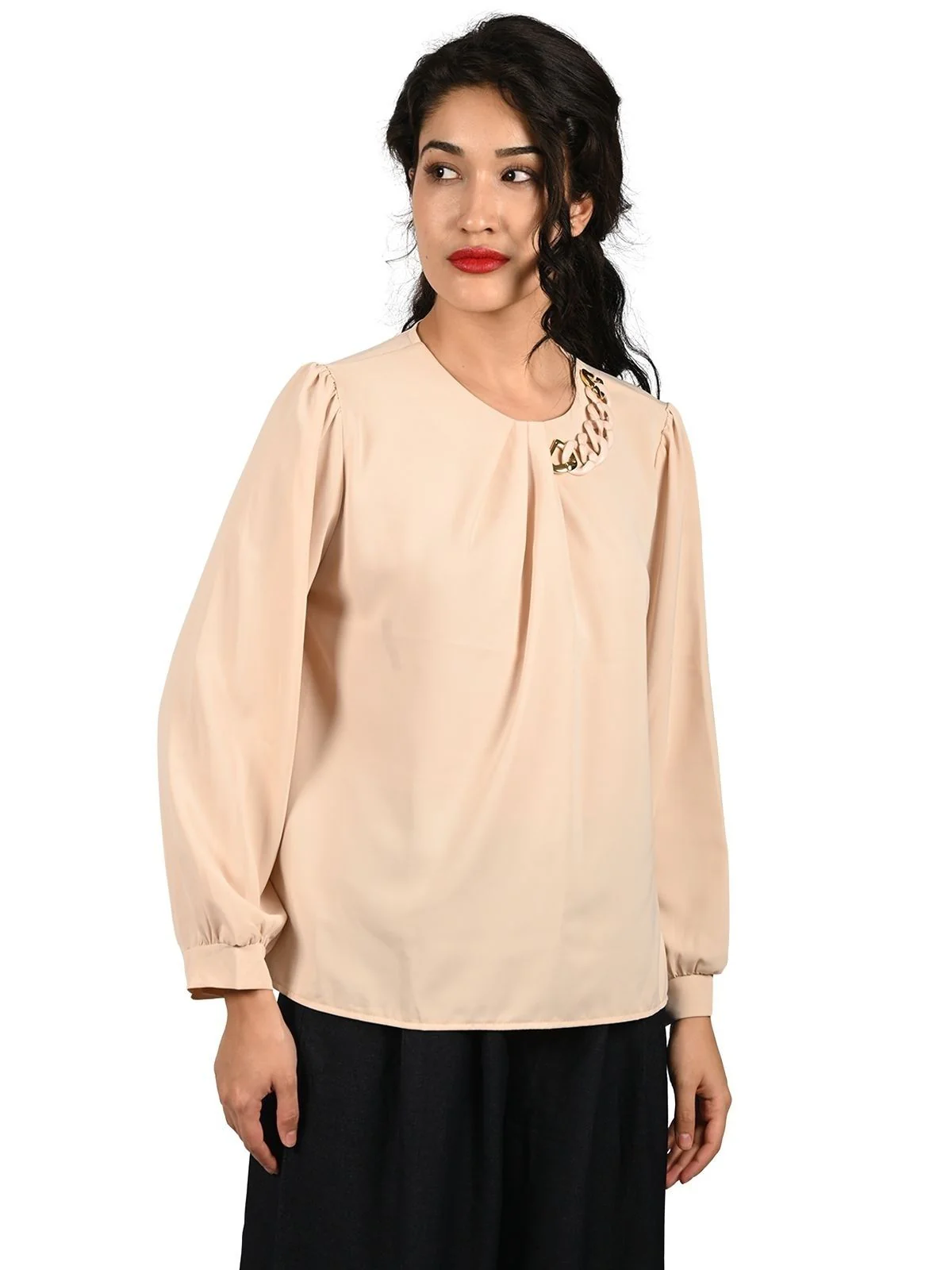 Odette Beige Cotton Lycra Solid Top For Women - Image 3