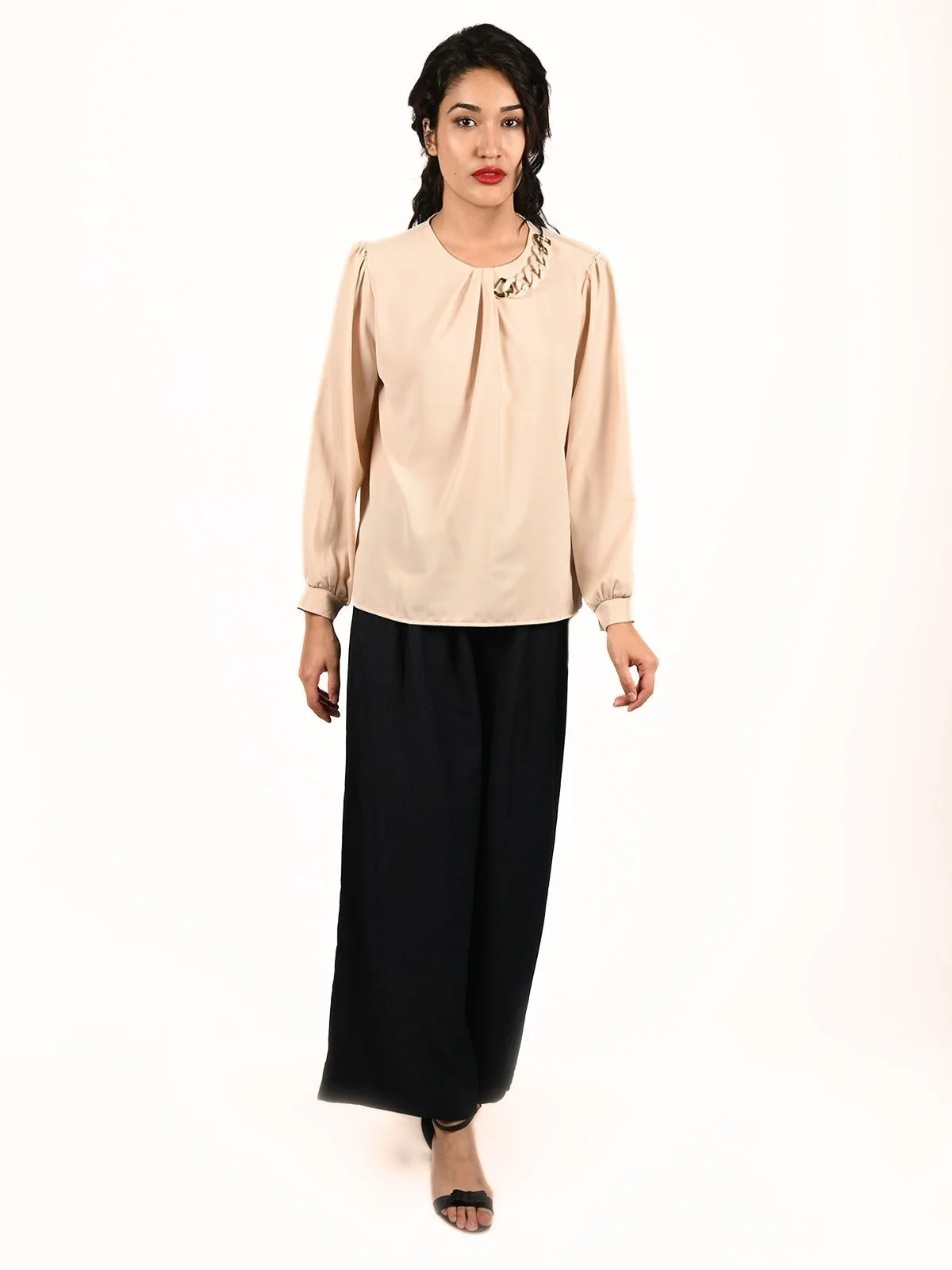 Odette Beige Cotton Lycra Solid Top For Women - Image 5