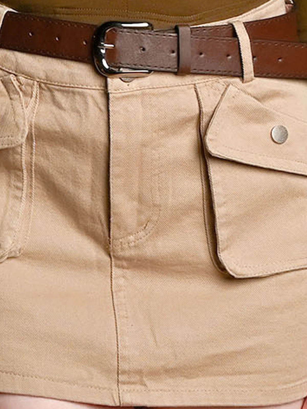 Odette Beige Denim Solid Miniskirt For Women - Image 5