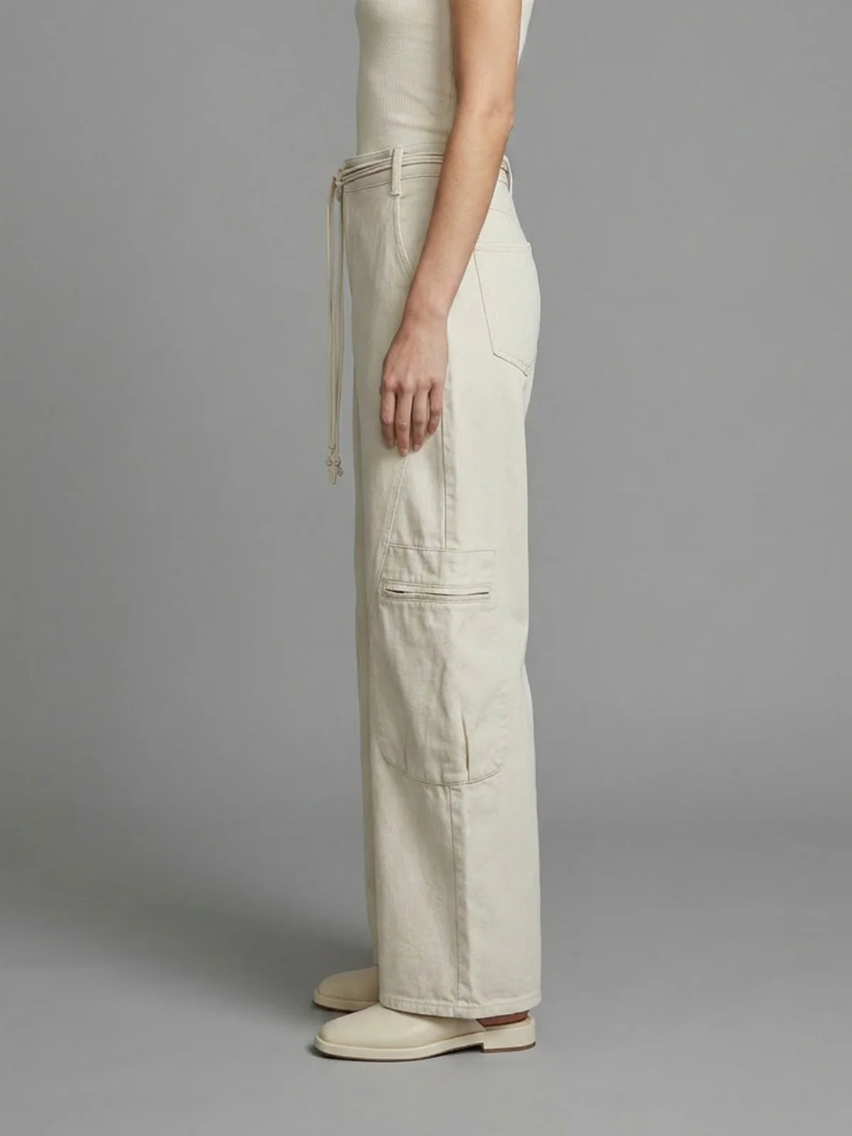 Odette Beige Denim Solid Trouser For Women - Image 2