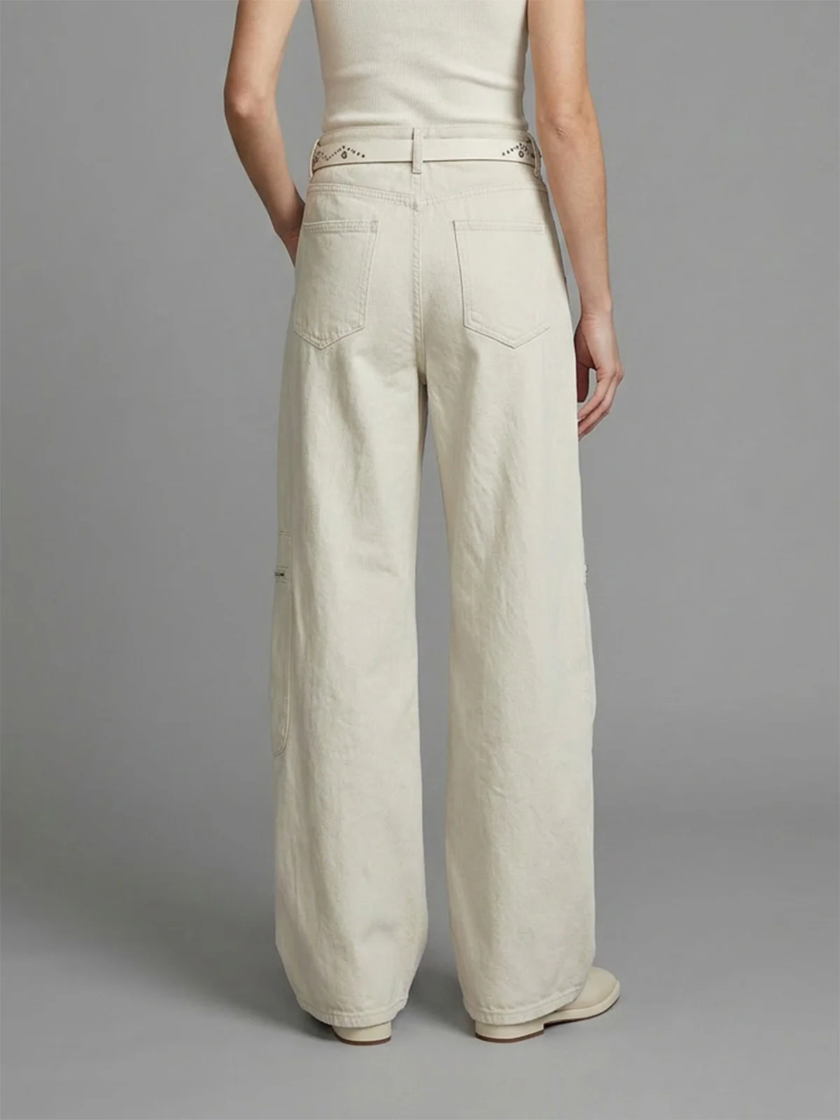 Odette Beige Denim Solid Trouser For Women - Image 3