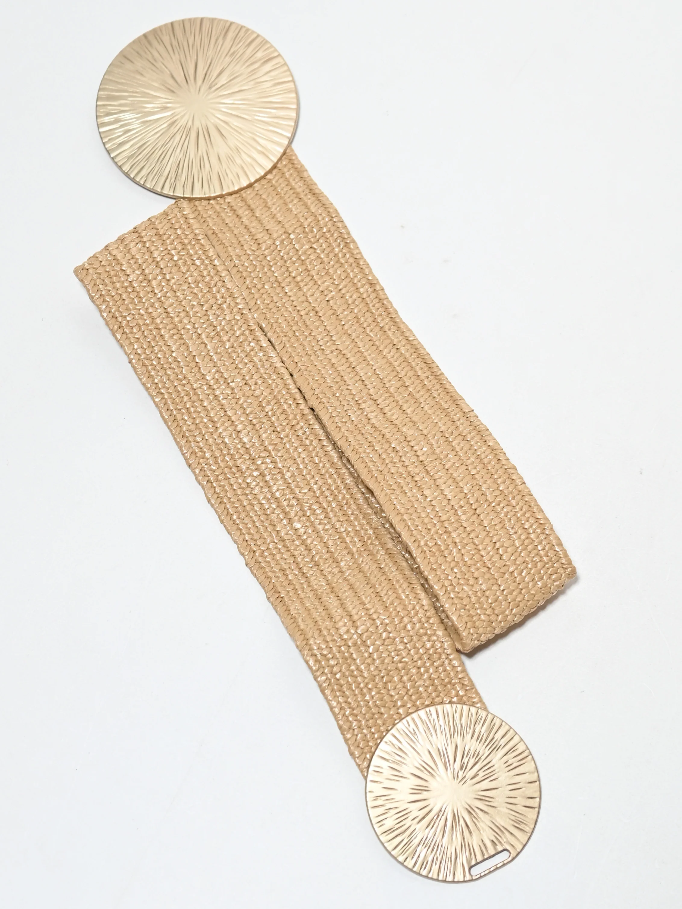 Odette Beige Elastic And Raffia Metallic Design Belt For Women - Image 3