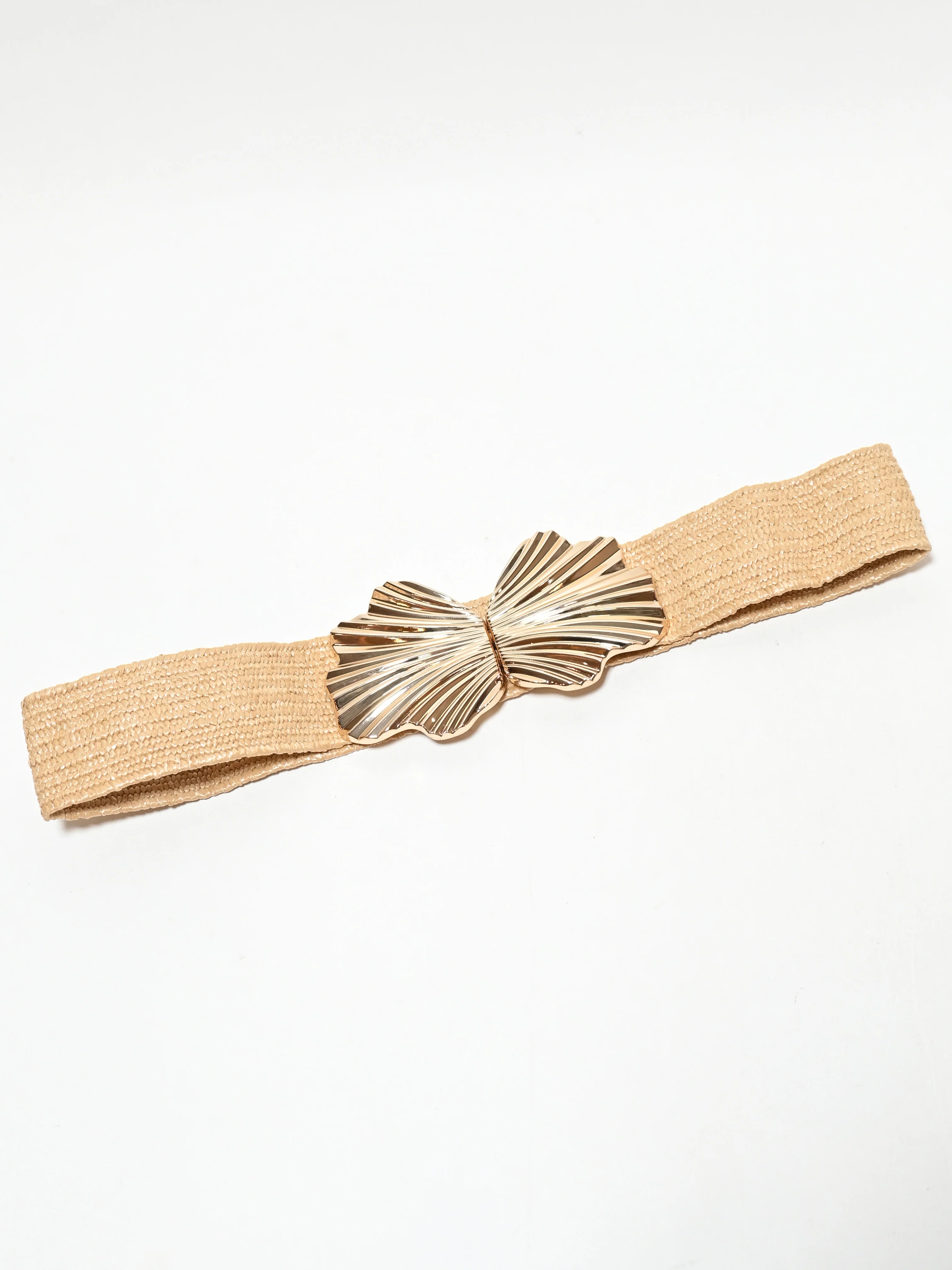 Odette Beige Elastic And Raffia Metallic Design Belt For Women - Image 3