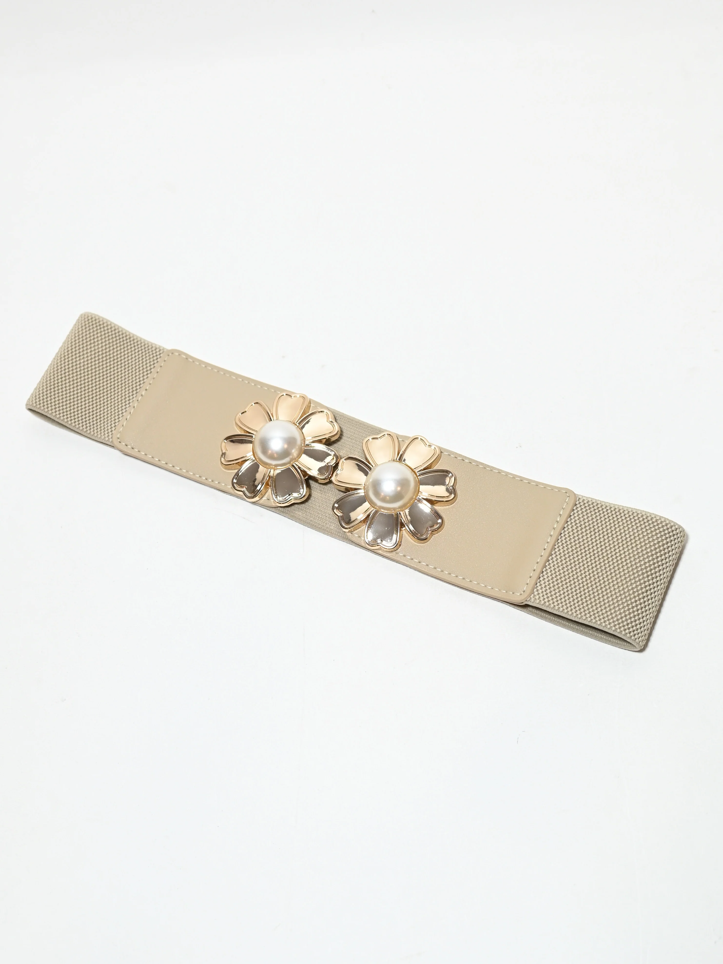 Odette Beige Elastic Pearl Belt For Women - Image 3