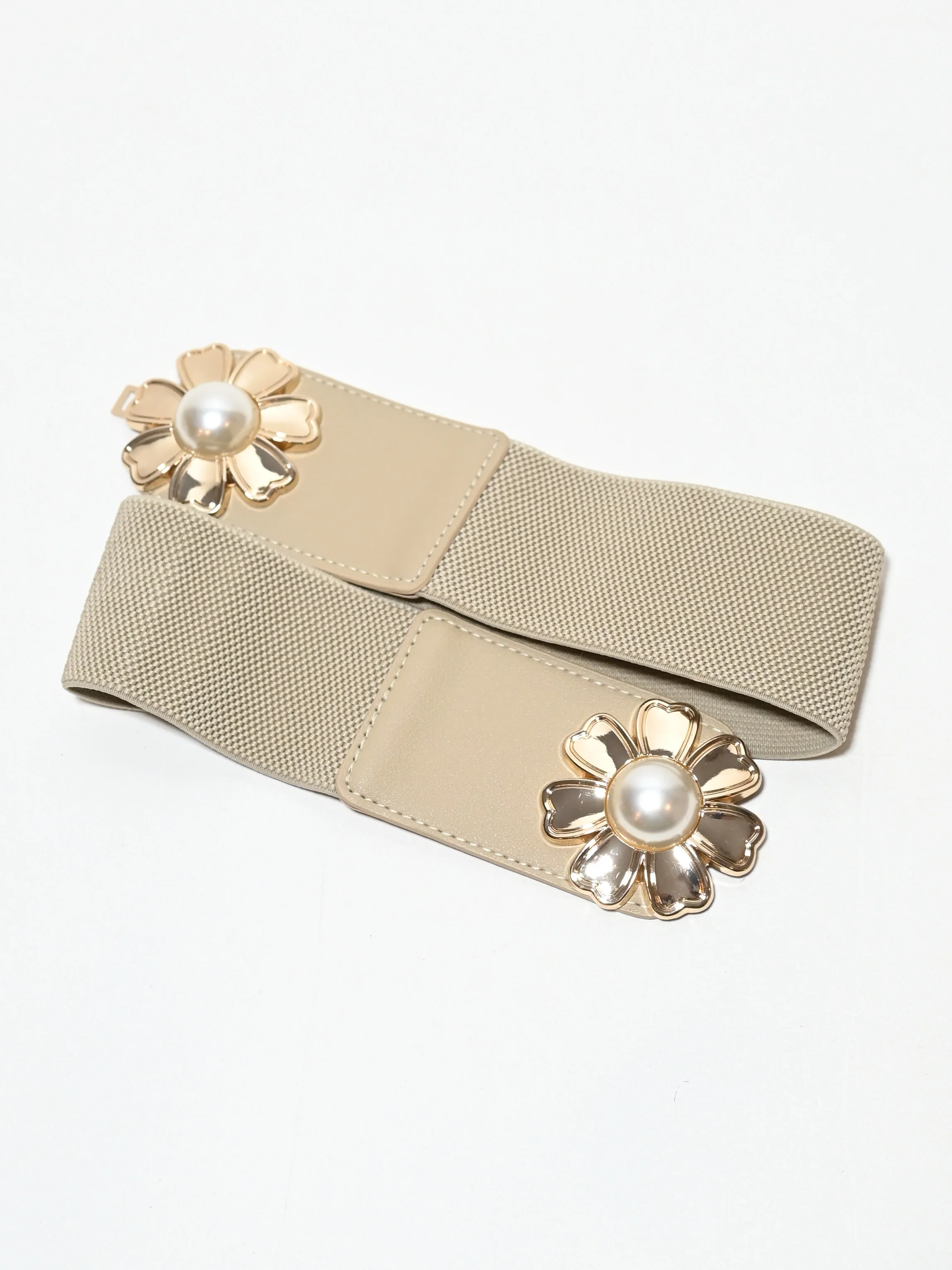 Odette Beige Elastic Pearl Belt For Women - Image 4