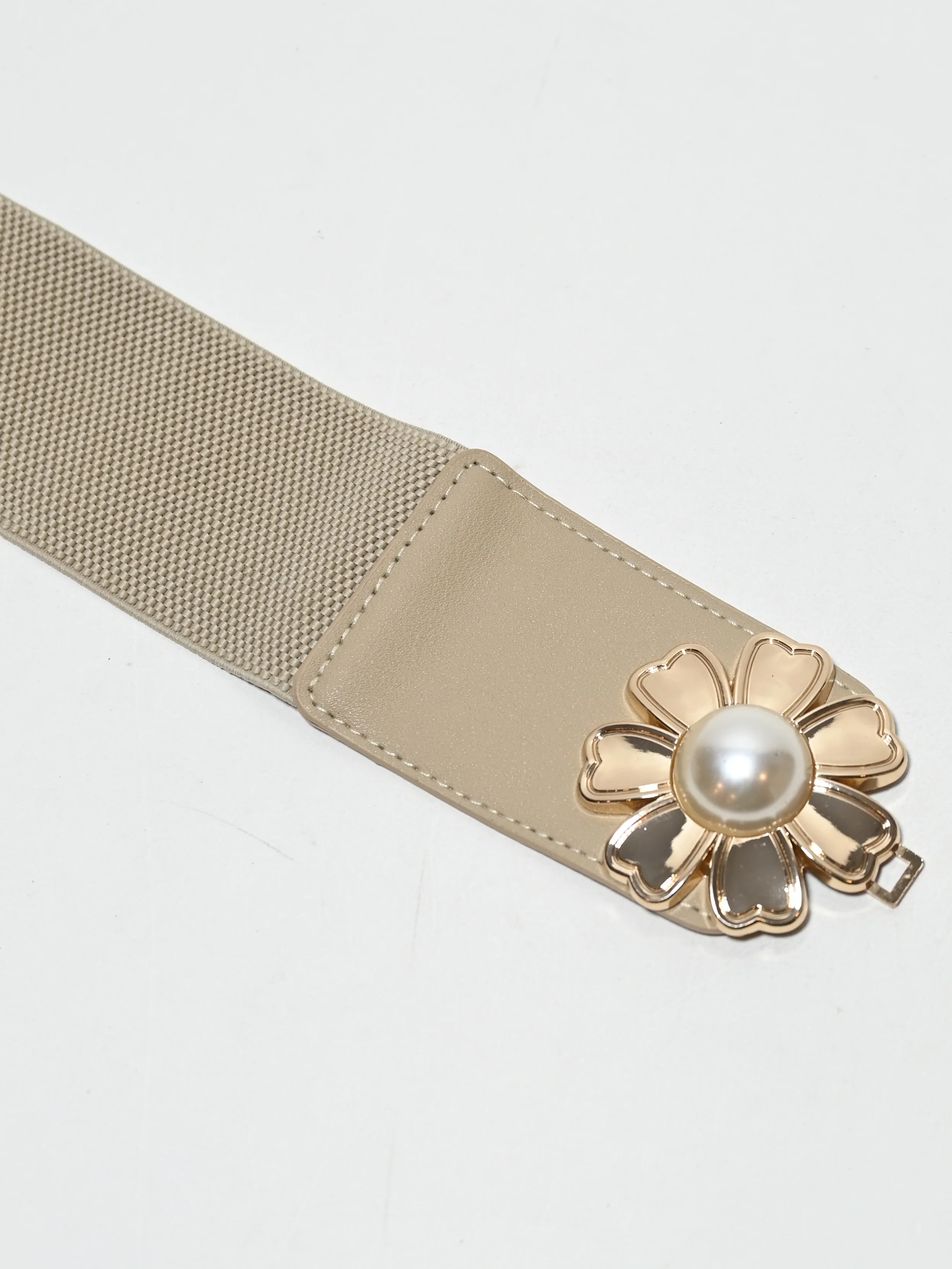 Odette Beige Elastic Pearl Belt For Women - Image 5