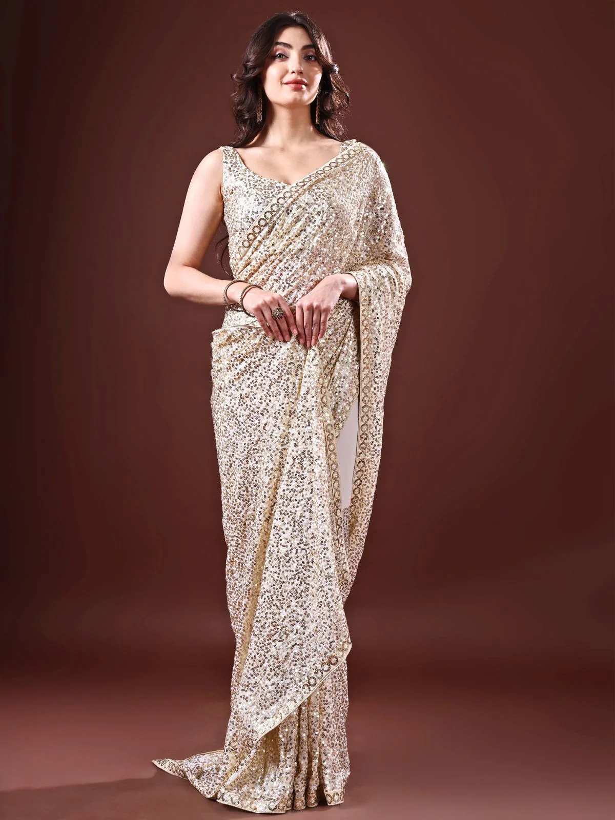 Odette Beige Embellished Georgette Saree With Unstitched Blouse For Women - Image 3
