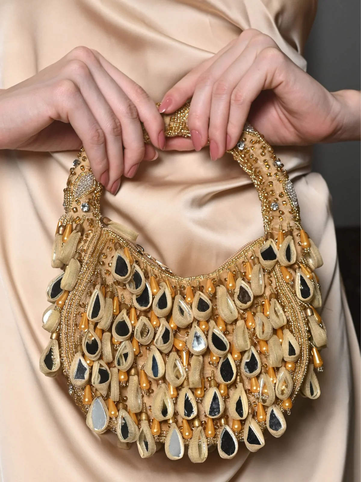 Odette Beige Embellished Moon Clutch With Tassels For Women - Image 4