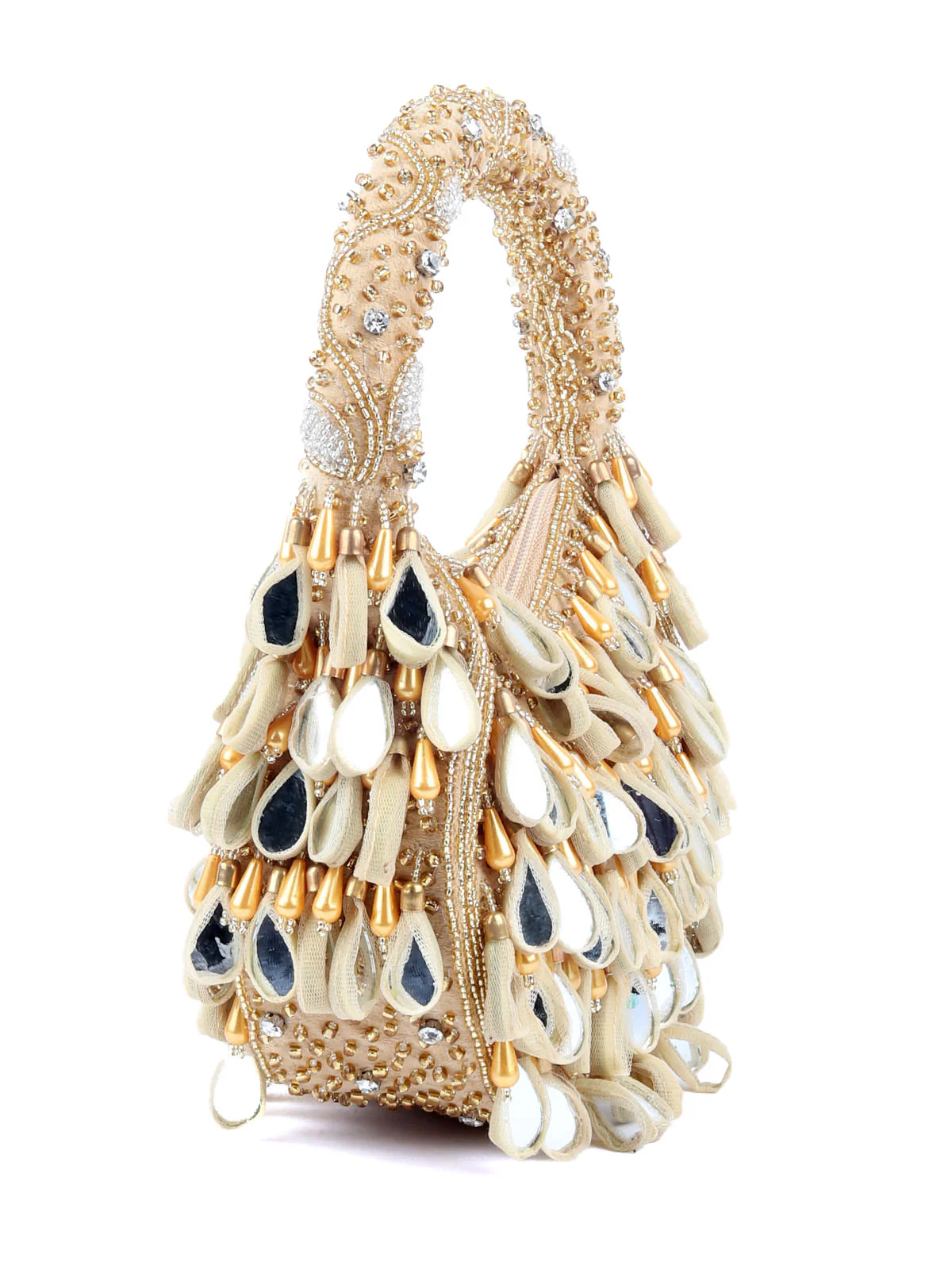 Odette Beige Embellished Moon Clutch With Tassels For Women - Image 6