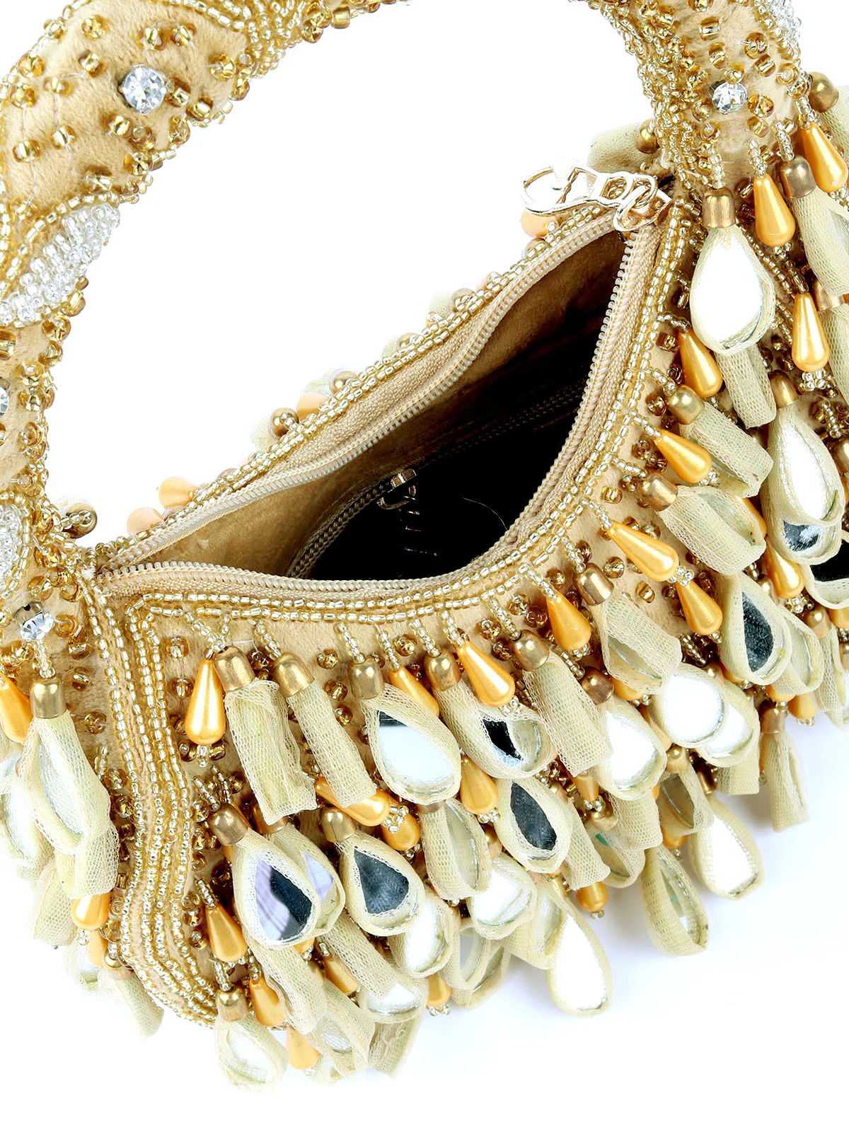 Odette Beige Embellished Moon Clutch With Tassels For Women - Image 8