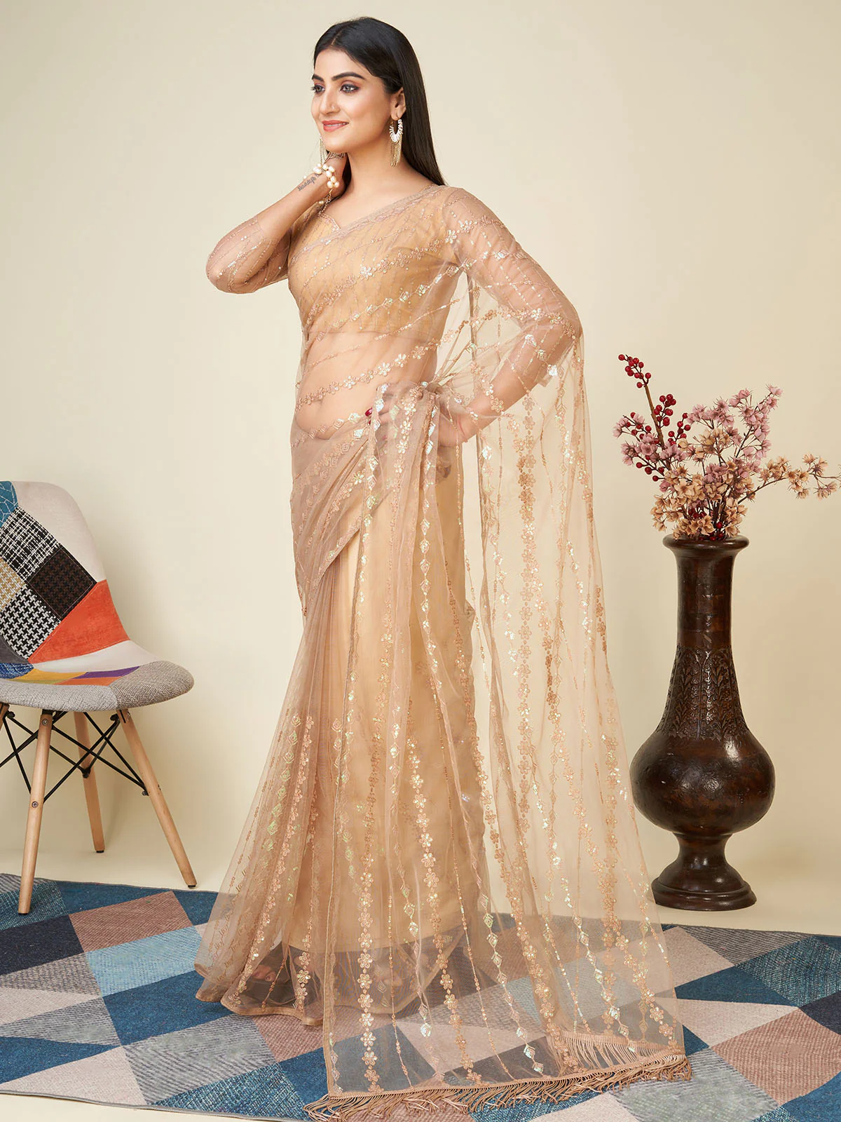 Odette Beige Embellished Net Saree With Unstitched Blouse For Women - Image 3