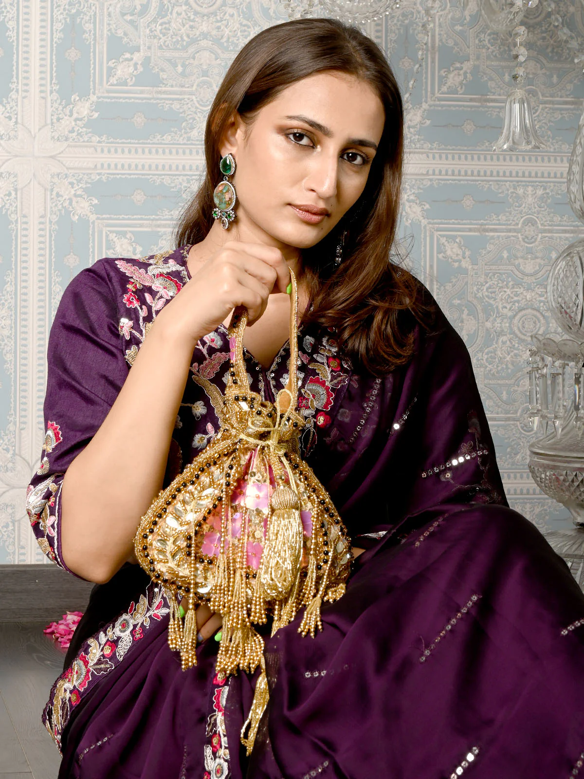 Odette Beige Embellished Potli Bag For Women