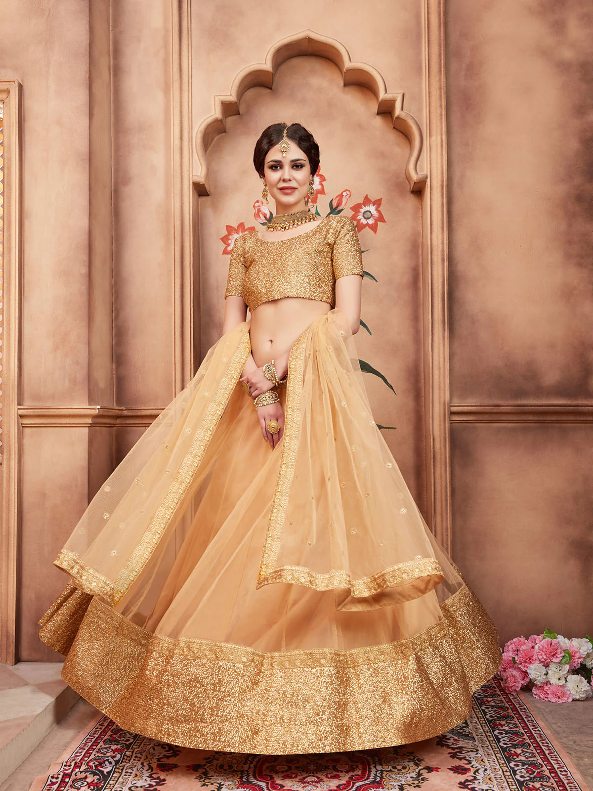 Odette Beige Embellished Soft Net Semi Stitched Lehenga With Blouse For Women - Image 2