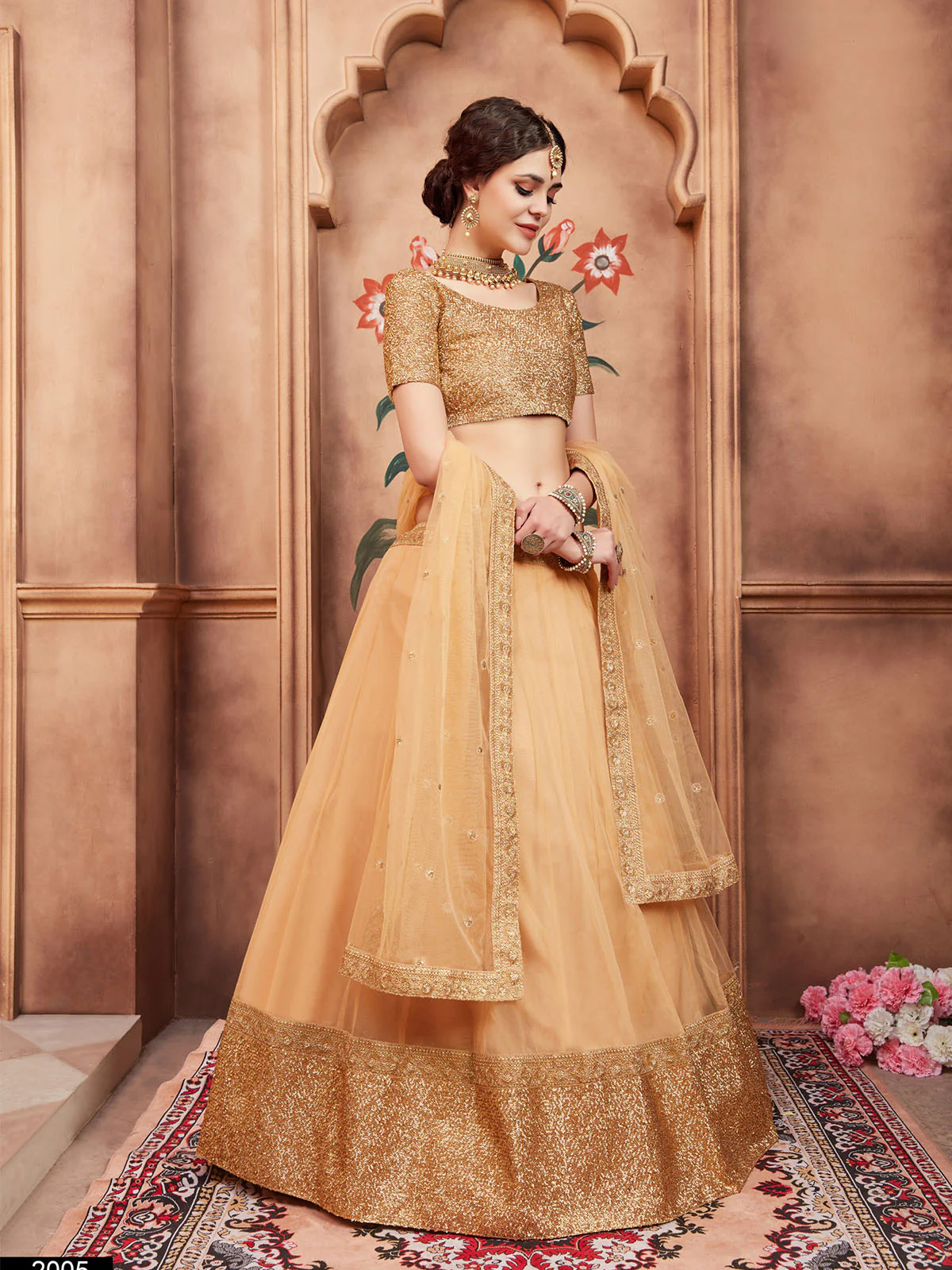 Odette Beige Embellished Soft Net Semi Stitched Lehenga With Blouse For Women - Image 3