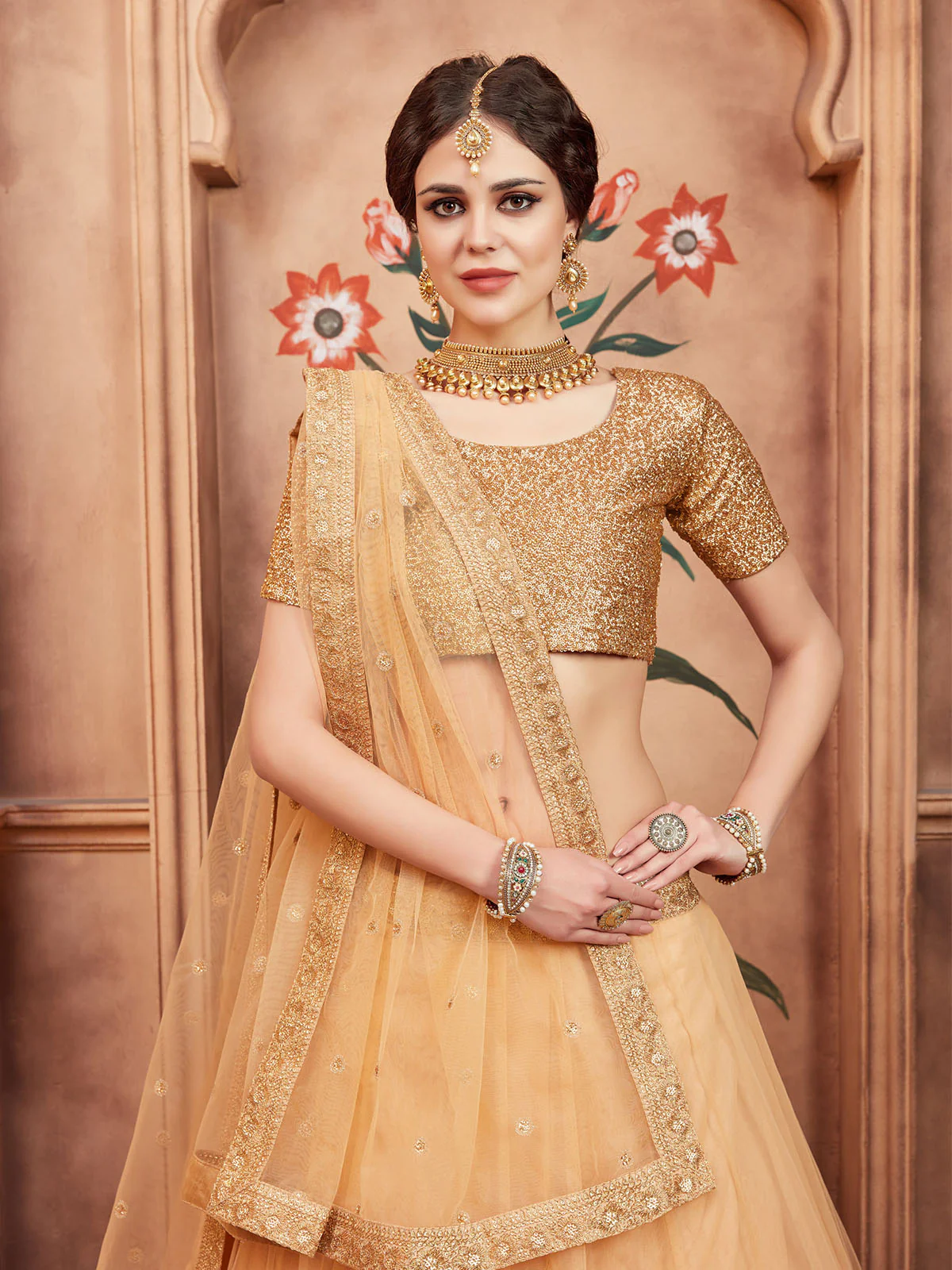 Odette Beige Embellished Soft Net Semi Stitched Lehenga With Blouse For Women - Image 4