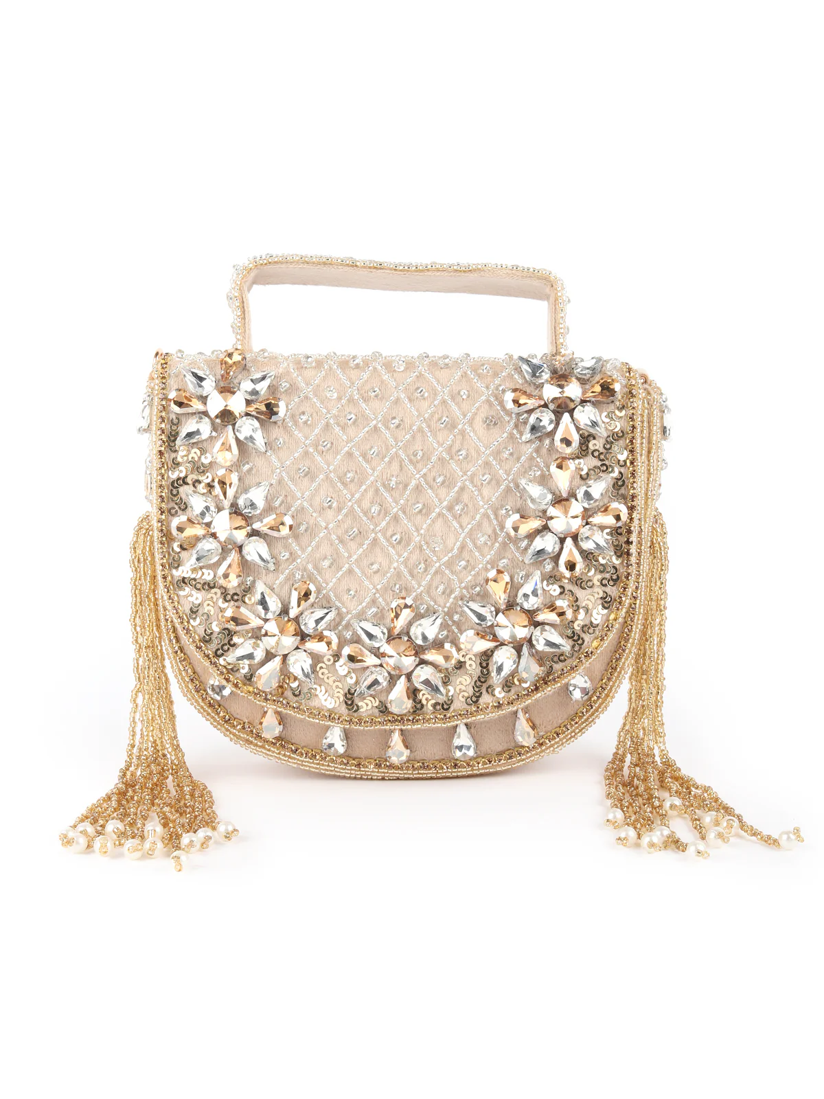 Odette Beige Embellished Structured Velvet Clutch For Women - Image 3