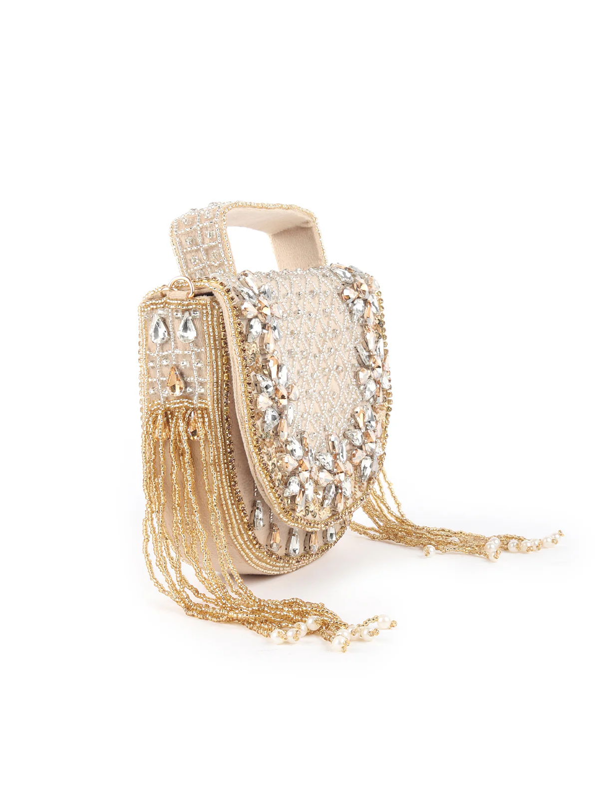 Odette Beige Embellished Structured Velvet Clutch For Women - Image 4