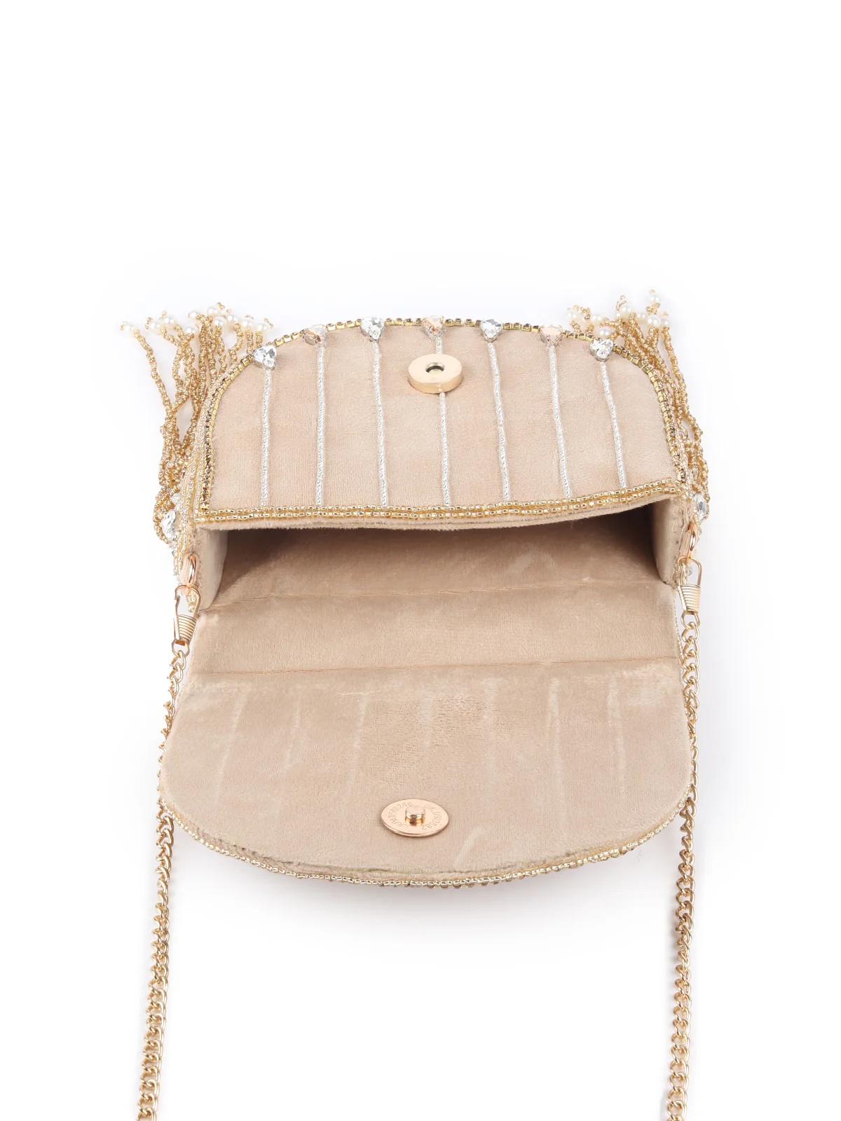 Odette Beige Embellished Structured Velvet Clutch For Women - Image 6