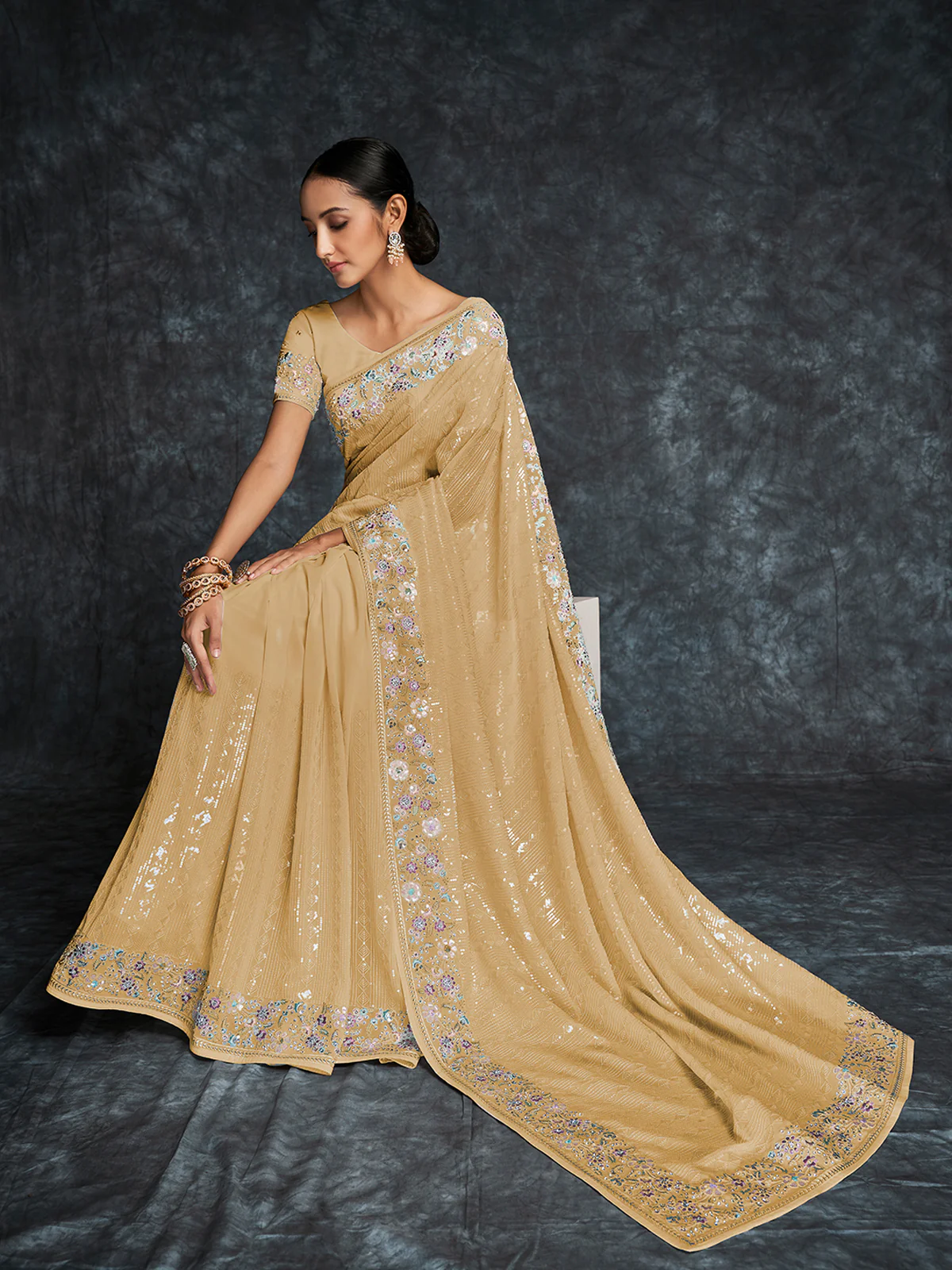 Odette Beige Embroidered Georgette Saree With Unstitched Blouse For Women - Image 2