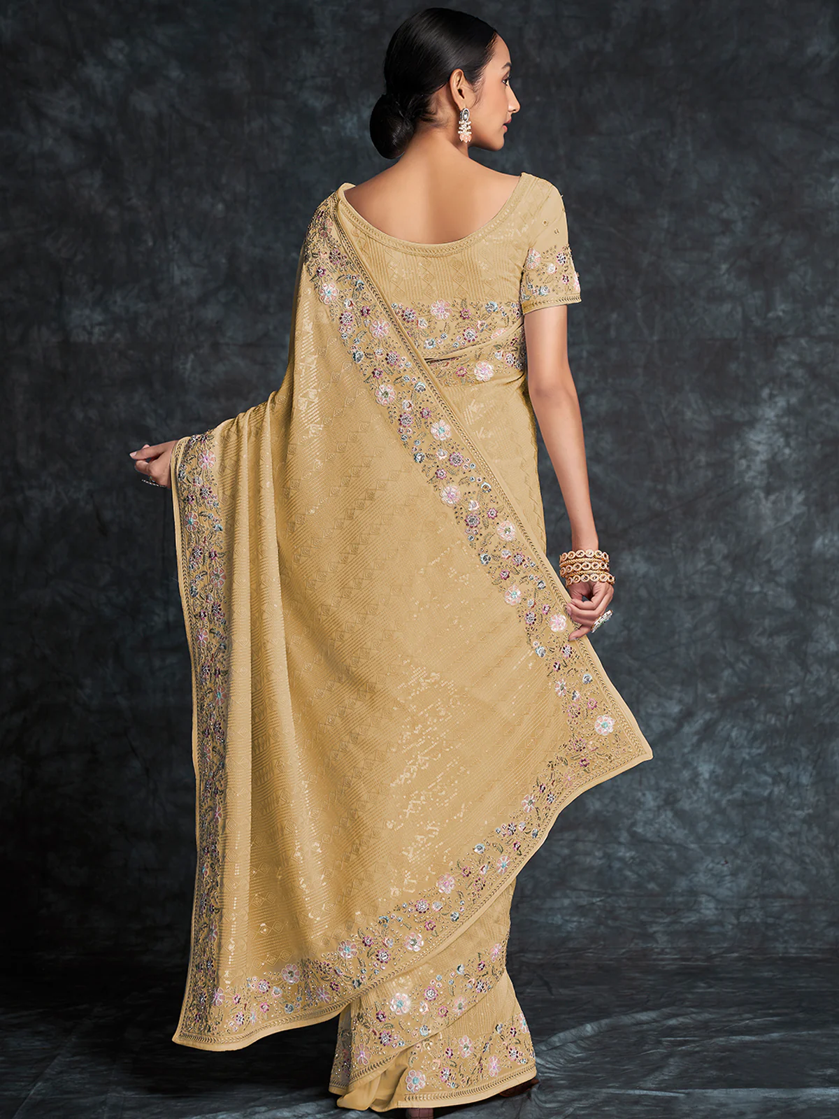 Odette Beige Embroidered Georgette Saree With Unstitched Blouse For Women - Image 4