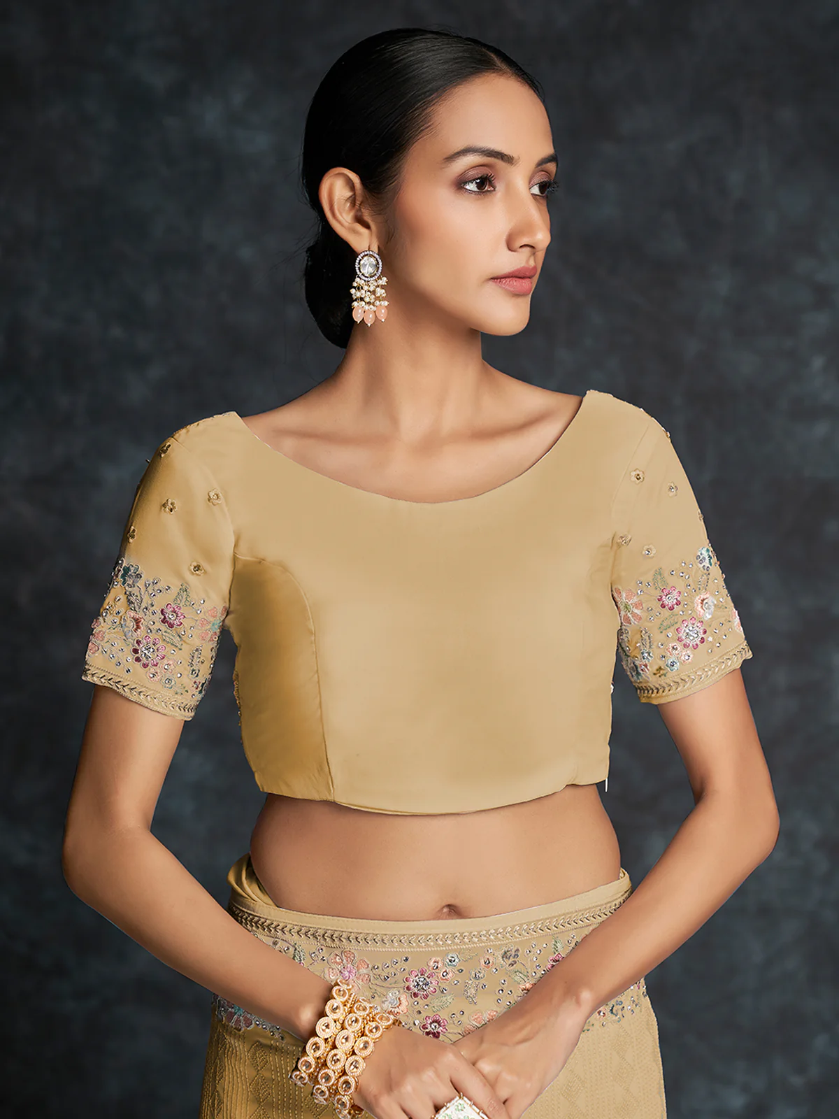 Odette Beige Embroidered Georgette Saree With Unstitched Blouse For Women - Image 6