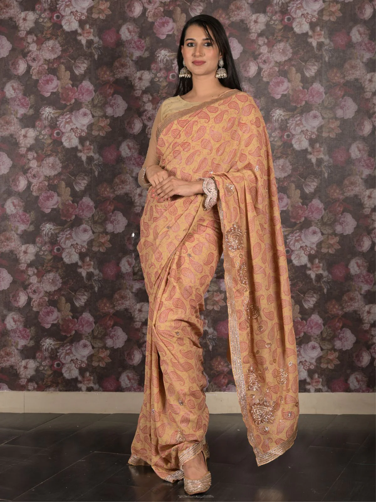 Odette Beige Embroidered Georgette Saree Without Blouse For Women - Image 2