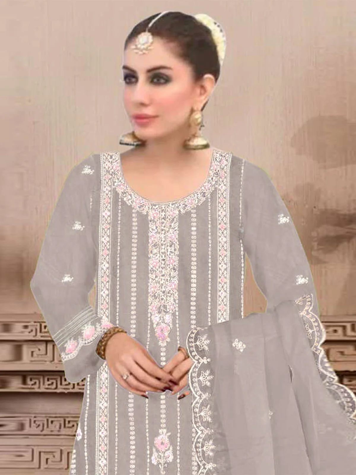 Odette Beige Embroidered Georgette Semi Stitched Kurta Set With Dupatta For Women - Image 2