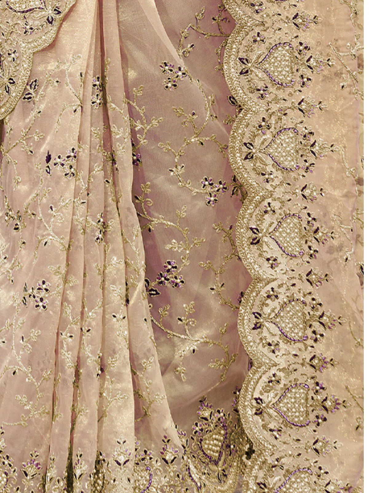 Odette Beige Embroidered Net Saree With Unstitched Blouse For Women - Image 3