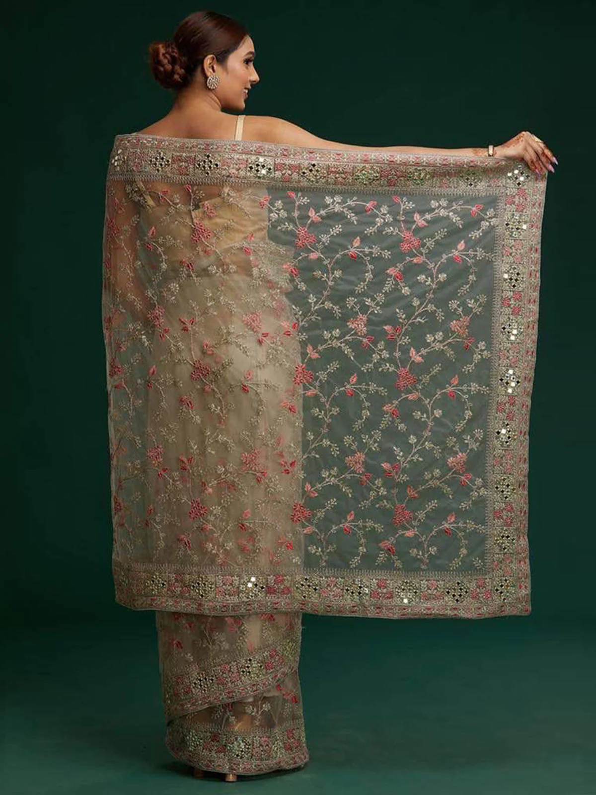 Odette Beige Embroidered Organza Saree With Unstitched Blouse For Women - Image 3