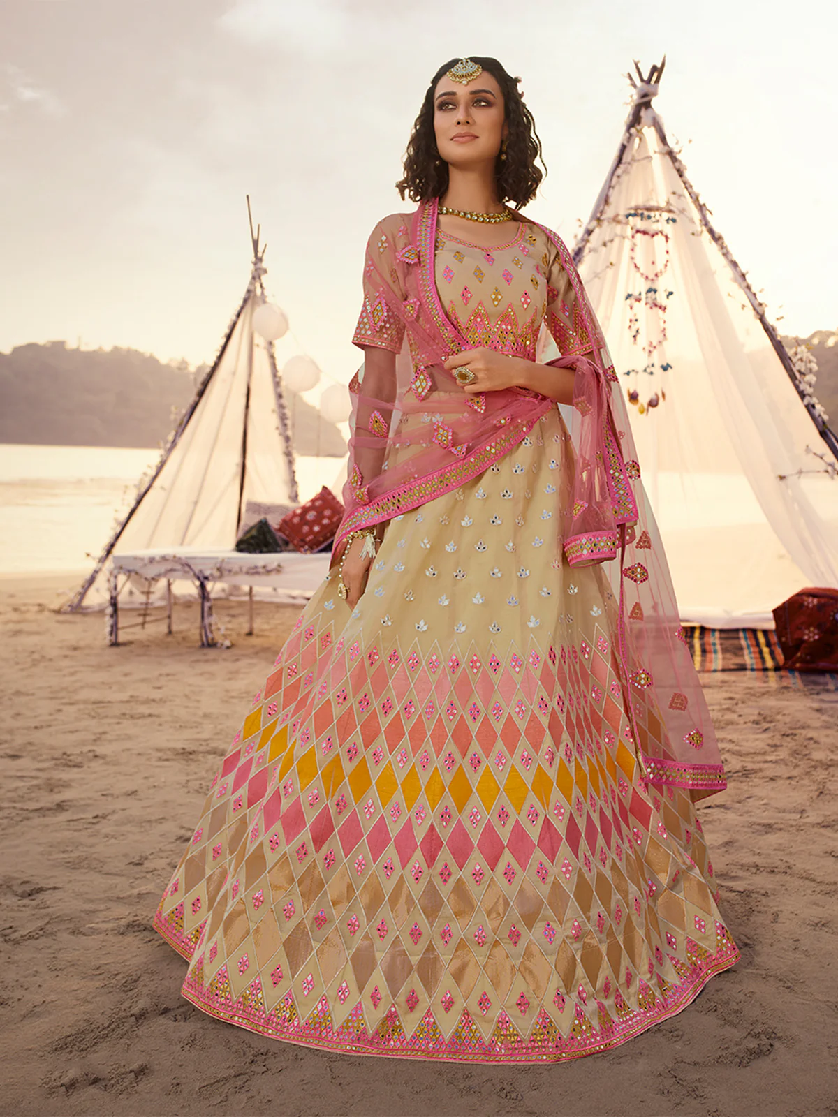 Odette Beige Embroidered Organza Semi Stitched Lehenga With Blouse For Women